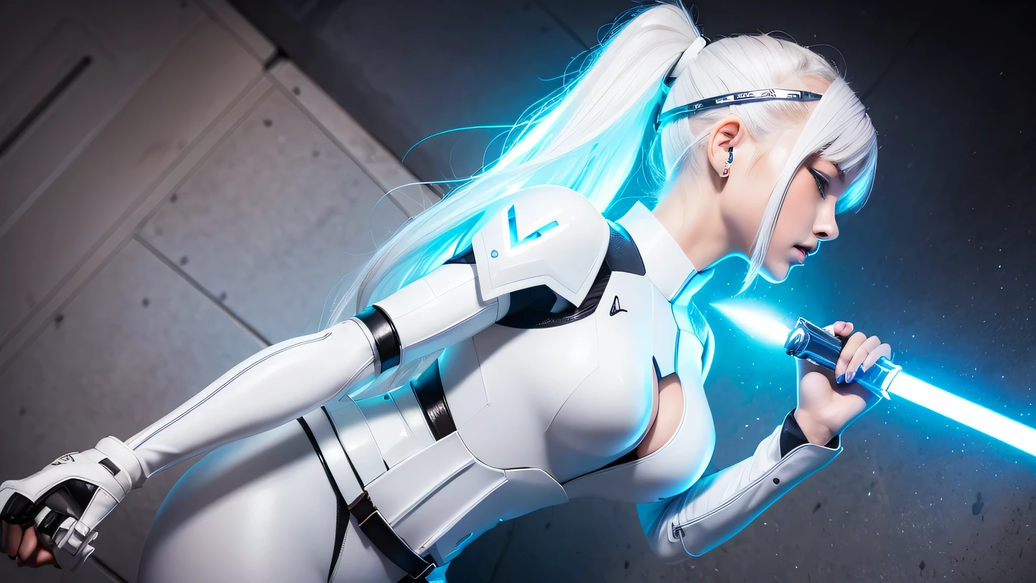Woman in white suit holding sword, Mecha Iron White Futuristic Armor Clean Modern Simple Elegant, porcelain cyborg armor, SF Women's Army、ariana grade、Holding a lightsaber in your hand,,perfect body,(lie:1.3),