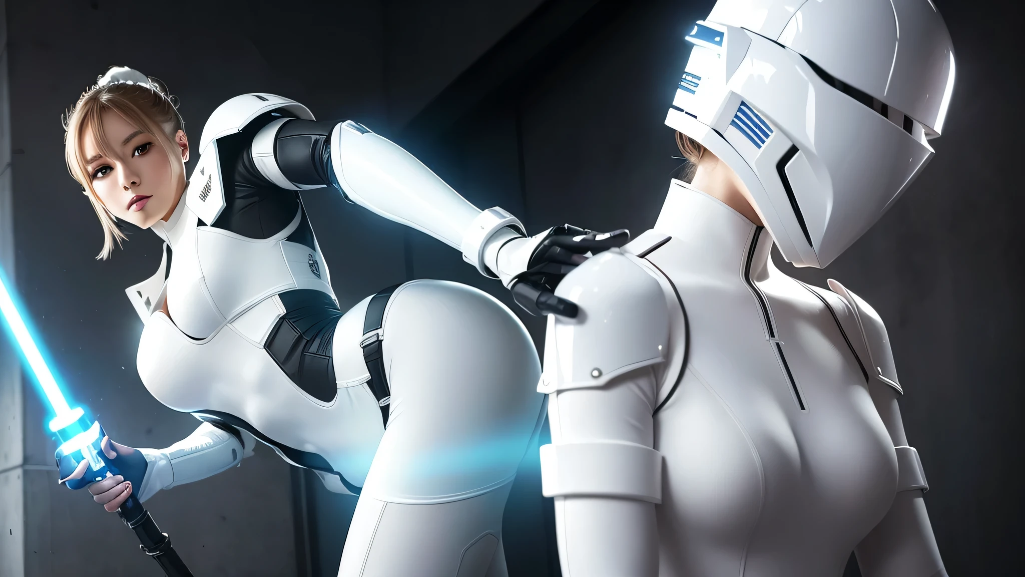 Woman in white suit holding sword, Mecha Iron White Futuristic Armor Clean Modern Simple Elegant, porcelain cyborg armor, SF Women's Army、ariana grade、Holding a lightsaber in your hand,,perfect body,(lie:1.3),