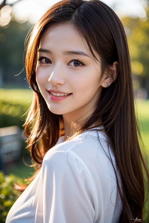 (masterpiece:1.3), (8k, realistic, Raw photo, highest quality: 1.4), soft light, professional lighting, 1 girl, 30 years old, pure beauty, closed mouth, smile, brown medium hair, outdoors