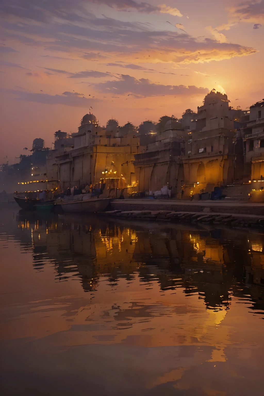 (((background)))(((Capture the breathtaking Dashashwamedh Ghat at different times – from the golden hues of the sunset Aarti to the tranquil moments after dusk. Showcase the glowing ghats and the vibrant atmosphere, with the Ganges reflecting the changing skies.)))