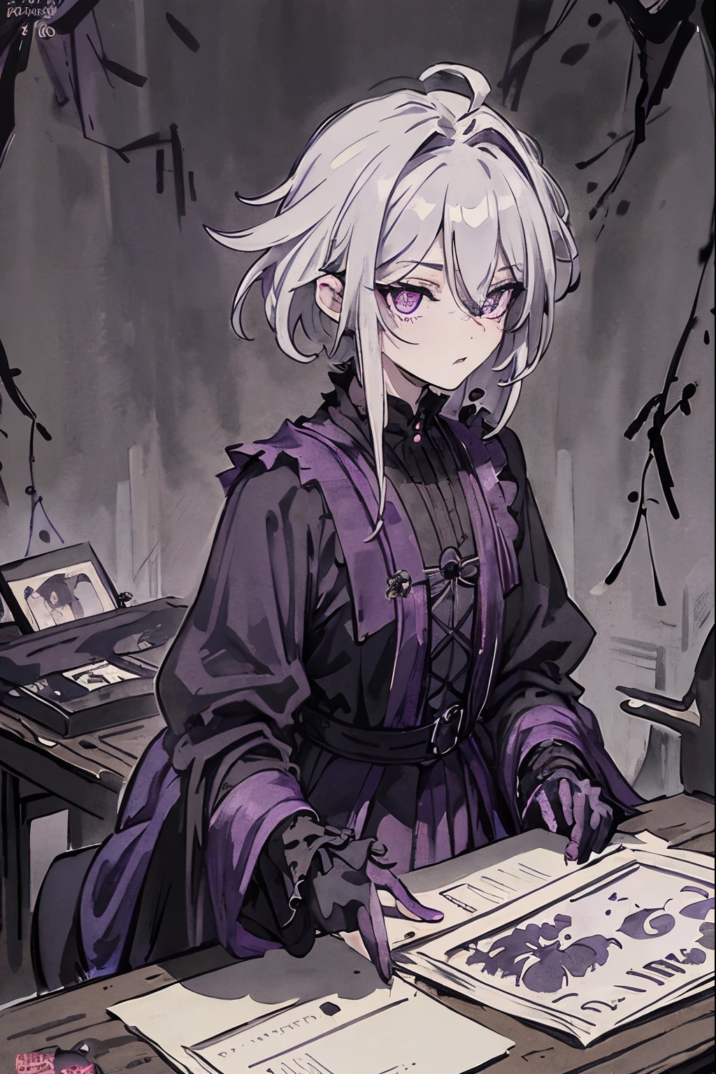 Dark silhouette, upper body, dark shadows, only silhouette, 1boy, shadow, dark aura, looking at viewer, deadpan face, shadow, (white messy hair:1.5), (dark purple shining eyes:1.5), white hair, close-up, vampire, vampire fang, cute fang, fang