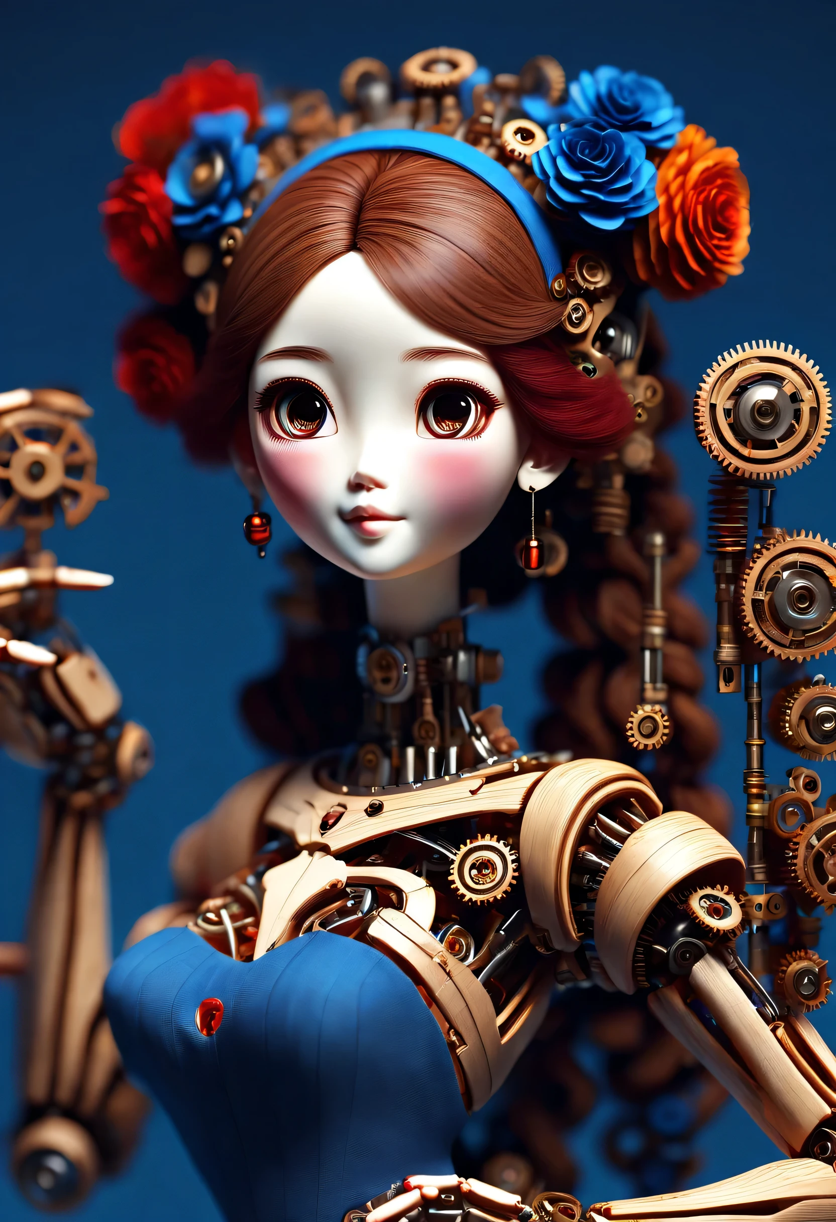 China's ingenious advanced carpenter style, character idea, (whole body), (Mechanically constructed doll shoots bow and arrow), Beautiful and detailed, Mechanical wires connecting dolls's bow finger, Gears connect slender Legechanism on log base), key clockwork music box,, cute and beautiful face, Extra long red double braids, blue and orange skirt, Slender mechanical wooden arms and legs, rotate, dance, 8k, super detailed, actual, high resolution, Ray tracing,