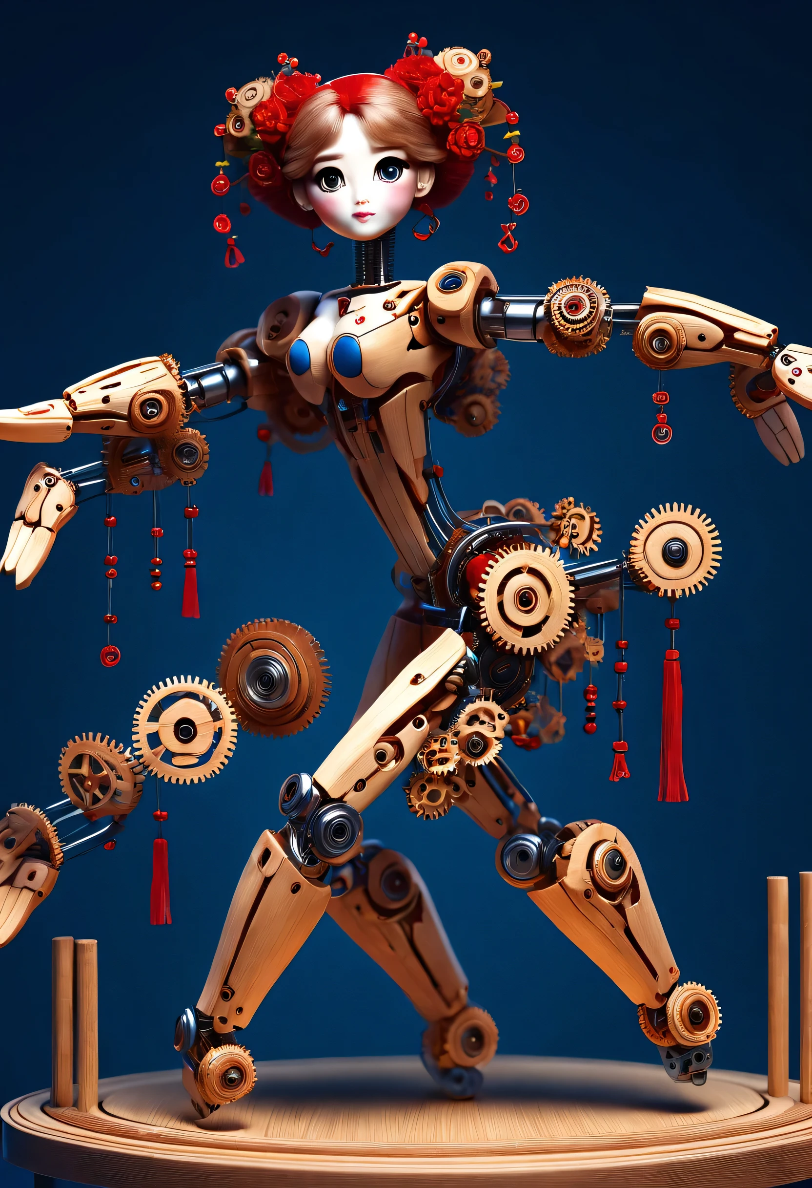 China's ingenious advanced carpenter style, character idea, (whole body), (Mechanically constructed doll shoots bow and arrow), Beautiful and detailed, Mechanical wires connecting dolls's bow finger, Gears connect slender Legechanism on log base), key clockwork music box,, cute and beautiful face, Extra long red double braids, blue and orange skirt, Slender mechanical wooden arms and legs, rotate, dance, 8k, super detailed, actual, high resolution, Ray tracing,