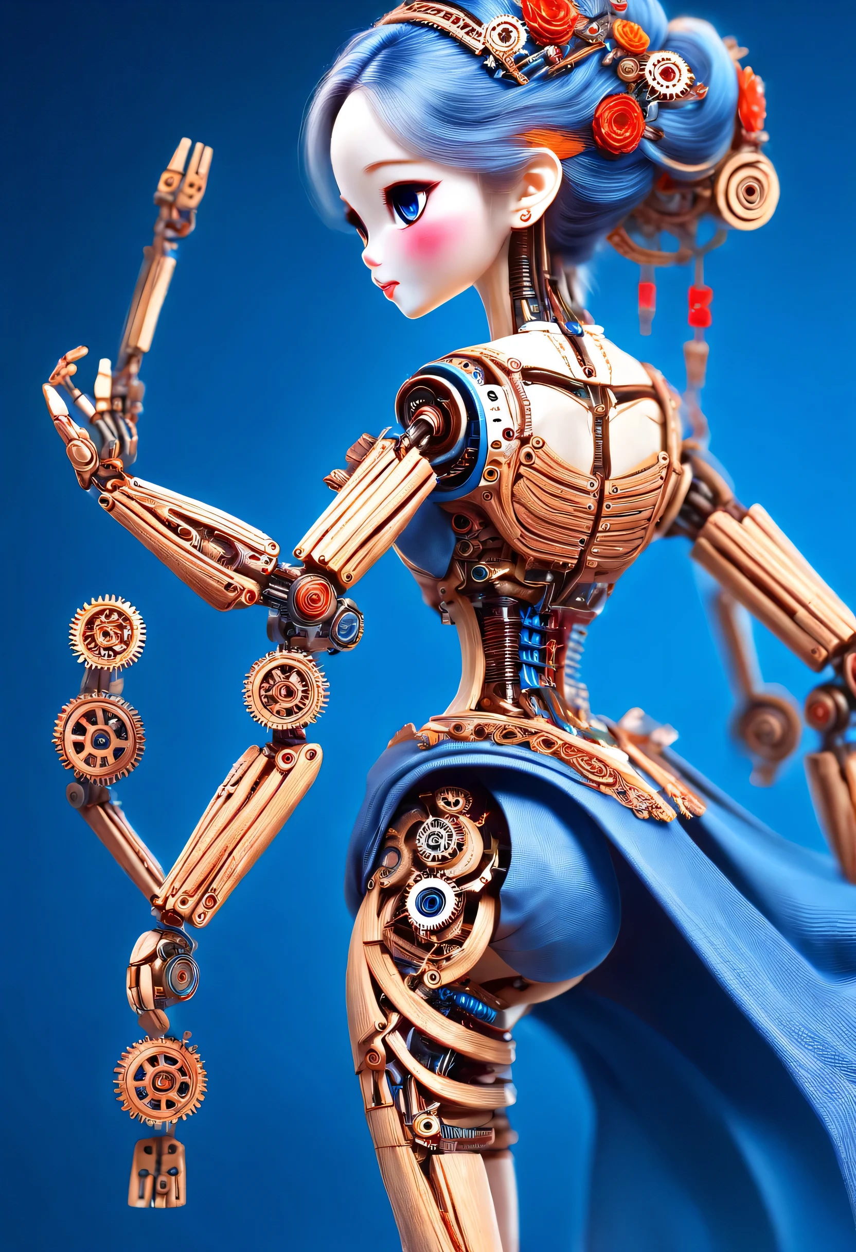 China's ingenious advanced carpenter style, character idea, (whole body), (Mechanically constructed doll shoots bow and arrow), Beautiful and detailed, Mechanical wires connecting dolls's bow finger, Gears connect slender Legechanism on log base), The key spring is inserted into the back of the doll, cute and beautiful face, Extra long red double braids, blue and orange skirt, Slender mechanical wooden arms and legs, rotate, dance, 8k, super detailed, actual, high resolution, Ray tracing,
