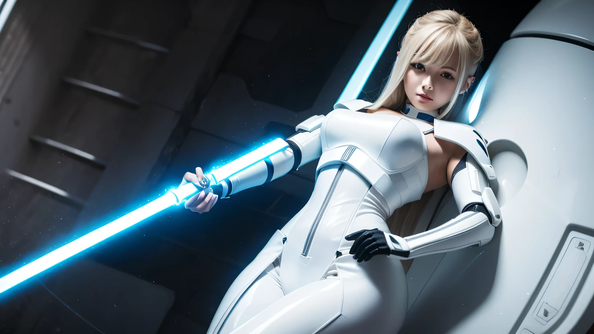 Woman in white suit holding sword, Mecha Iron White Futuristic Armor Clean Modern Simple Elegant, Porcelain Cyborg Armor, SF Women's Army、Holding a lightsaber in your hand