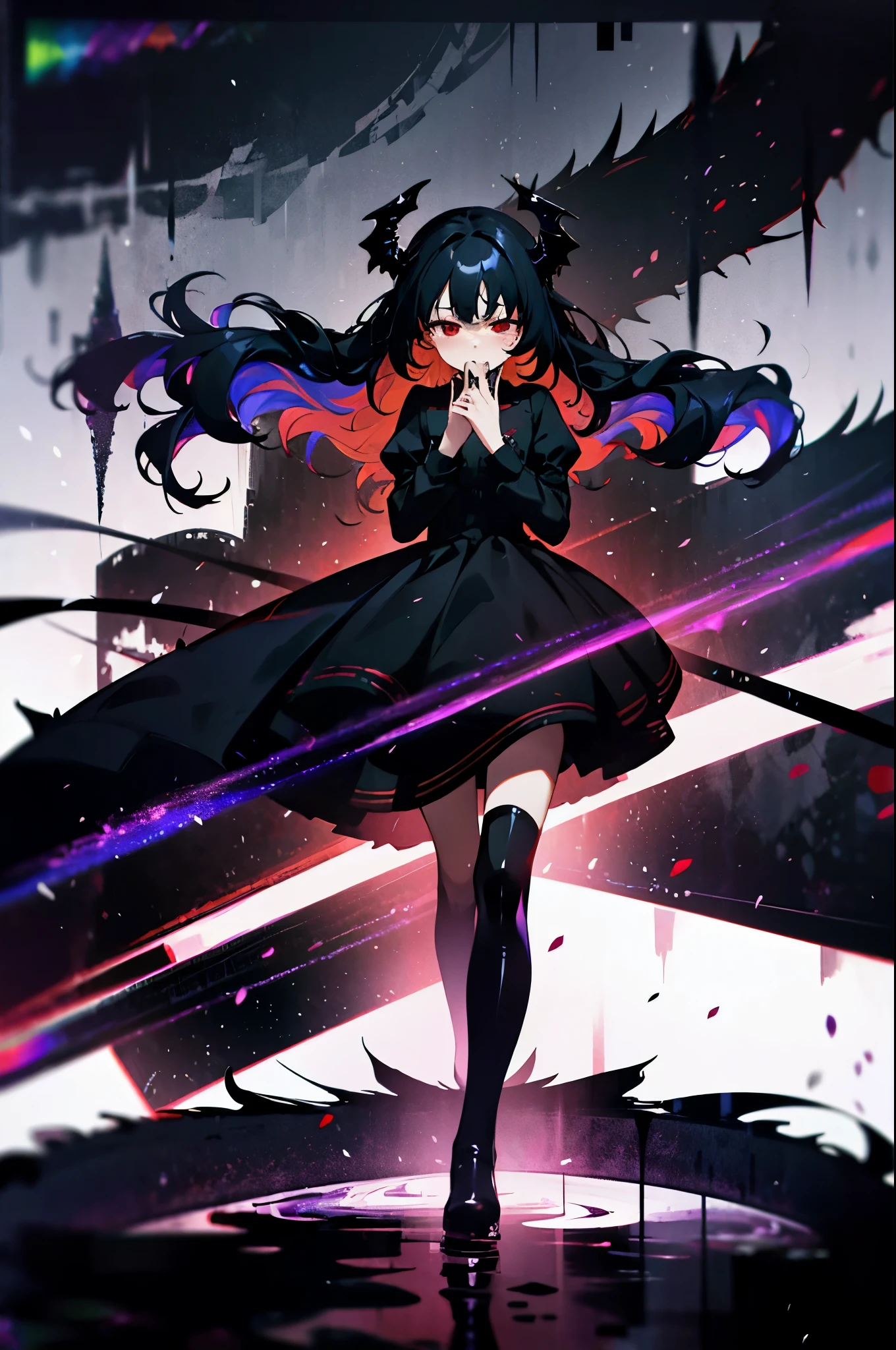 masterpiece, best quality, 1 girl, Wavy long hair, rainbow hair, red eyes, fallen angel, black dress, crying, tear from eyes, knee-length boots, 1 dragon, black dragon, glitch, glitching,