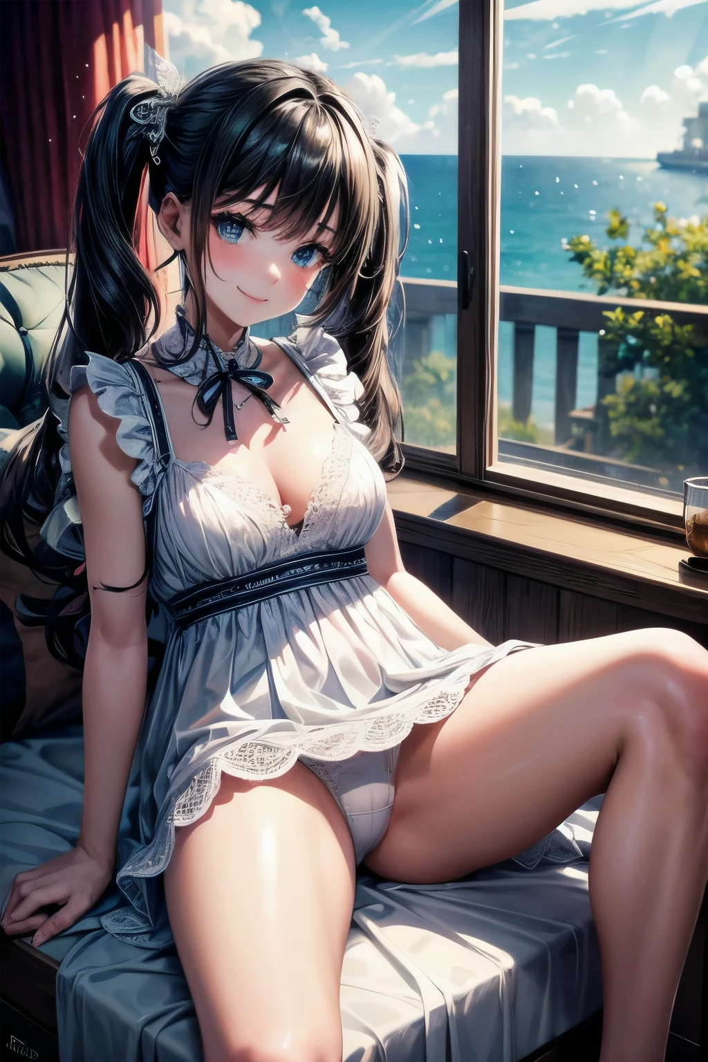 very cute and beautiful girl sitting near window,frilled white summer dress with detailed lace,(spread legs,white panties),
(highly detailed beautiful face),antique hotel bedroom with outside view,distant trees and ocean,
(smile),blush,low twintails,black hair,
(best quality,masterpiece:1.2),absurdres,highres,ultra-detailed,extremely detailed,32k,8k resolution,
intricate details,cinematic scene,detailed background,solo,dynamic angle,
natural lighting,light particles,beautiful detailed sky,