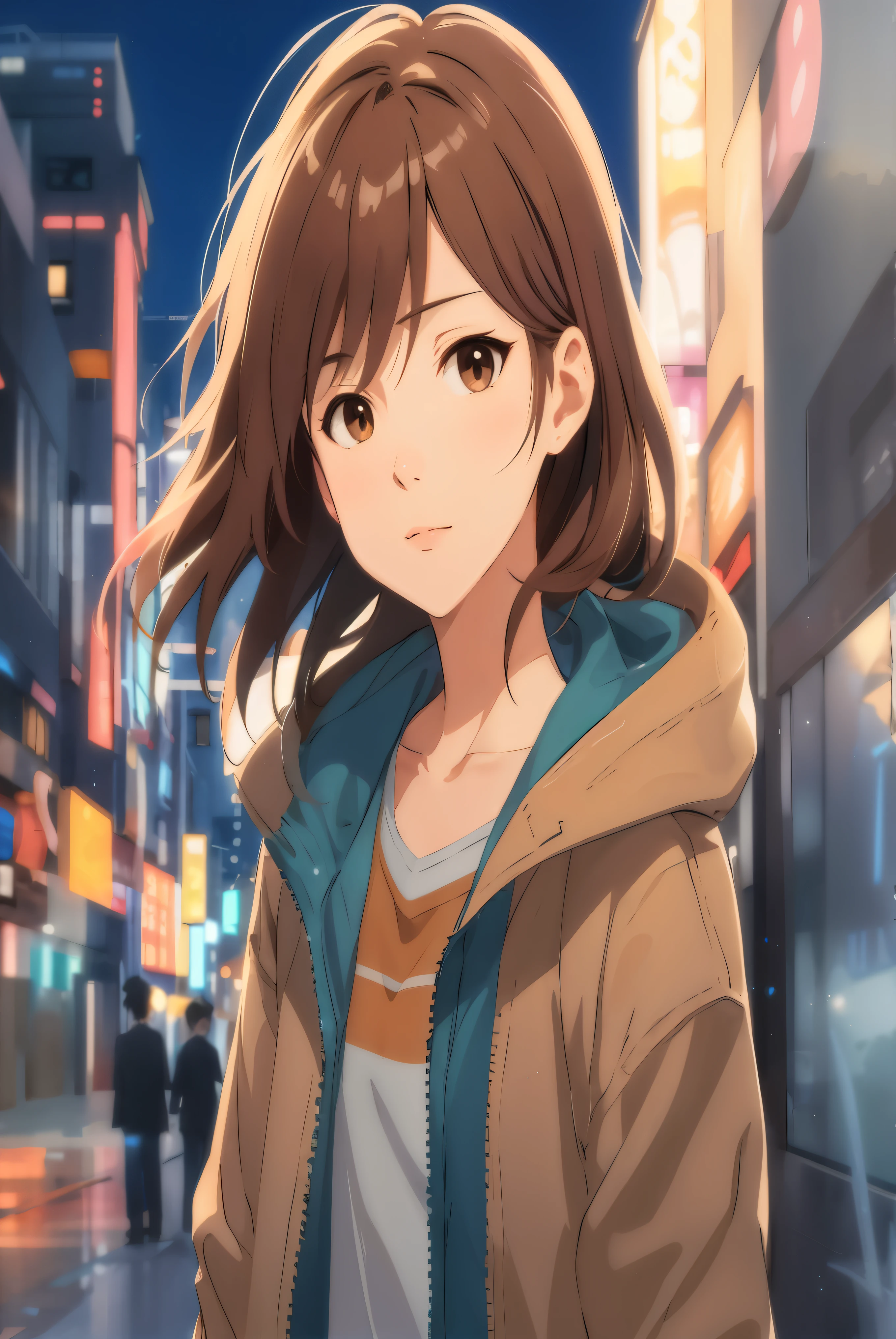 anime girl in a brown jacket standing on a city street, makoto shinkai style, makoto shinkai art style, makoto shinkai. digital render, anime moe artstyle, anime visual of a cute girl, young anime girl, makoto shinkai and artgerm, smooth anime cg art, makoto, portrait of an anime girl, kawacy