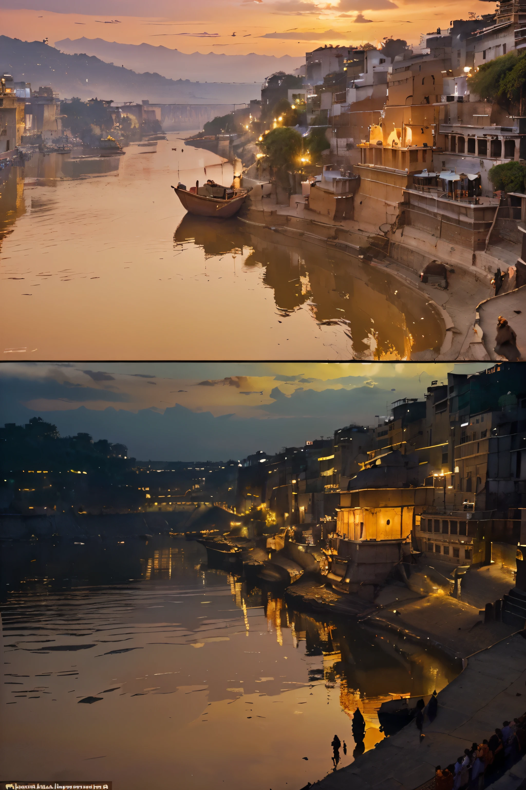 (((background)))(((Capture the breathtaking Dashashwamedh Ghat at different times – from the golden hues of the sunset Aarti to the tranquil moments after dusk. Showcase the glowing ghats and the vibrant atmosphere, with the Ganges reflecting the changing skies.)))