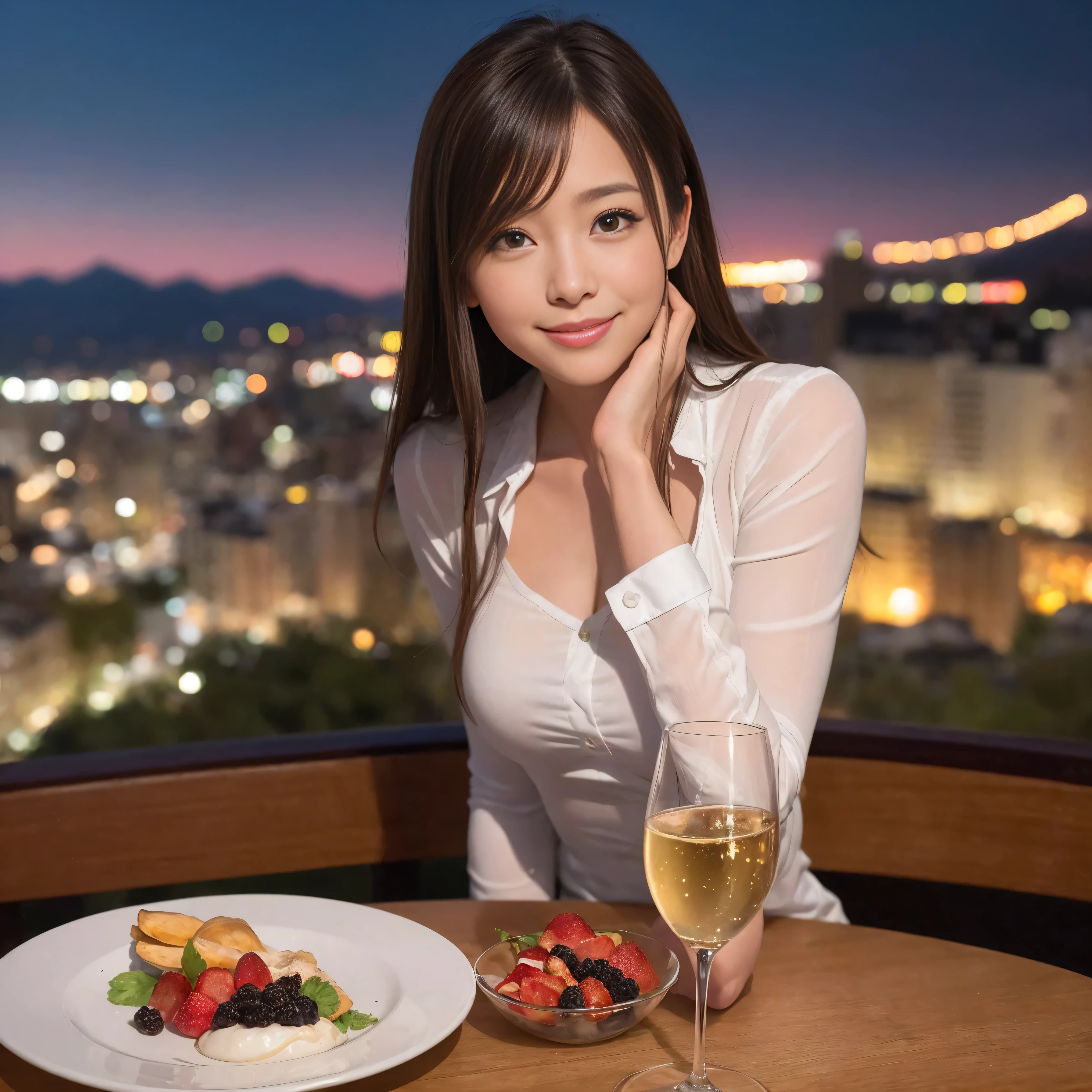 64k, Hmm, highest quality, masterpiece: 1.2), (realistic, photorealistic: 1.37), Spectacular view of the sunset sky and clouds、Amazing mountain views、slimな美女3名, (slimフェイス),Happy、 最高なsmile、Fox face、Berry Short、(because I'thin), (brown hair), (shortcut), long sleeve shirt、winter fashion、Colombian、Brazilian、Japanese、Dutch、German、Portuguese、Belgian、Italian、French,Champagne、sparkling wine、 (Squirting), (slimボティ), (brown hair), (shortcut), neat beauty、cheeks turn a little red, (35 years old), 38 years old, alone, A beautiful and detailed night view spreads out outside the window......, restaurant, wine glassが座っている, At night, in a prominent place (from the Upper body) nova frog style, actress, model, Upper body, White wine, slim, wine glass, Very beautiful night view, wine glass Put in the Middle, Happy smile, (smile: 1.15),