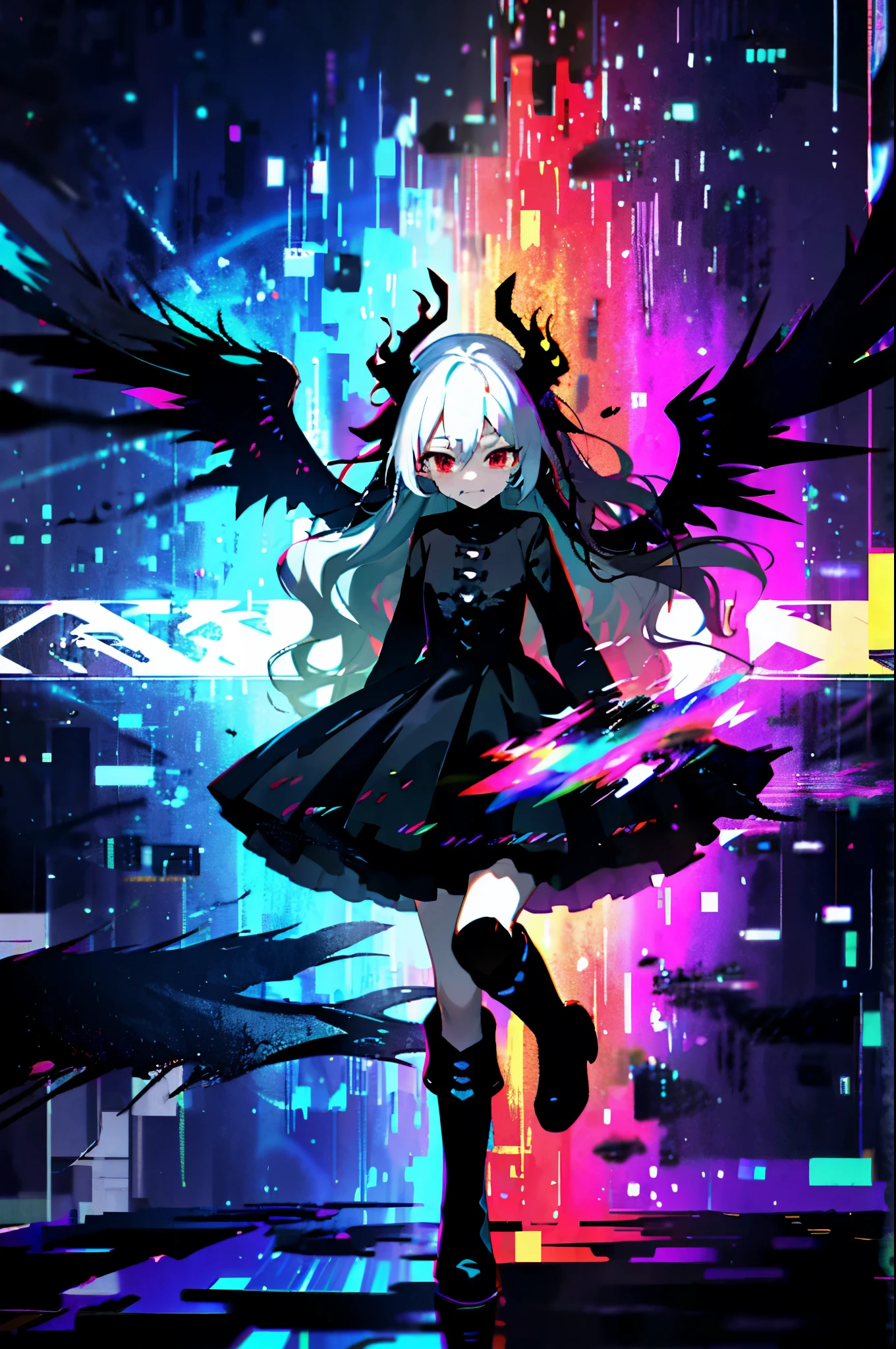 high quality, 1 girl, Wavy long hair, rainbow hair, red eyes, fallen angel, black dress, crying, tear from eyes, knee-length boots, 1 dragon, black dragon, glitch, glitching,