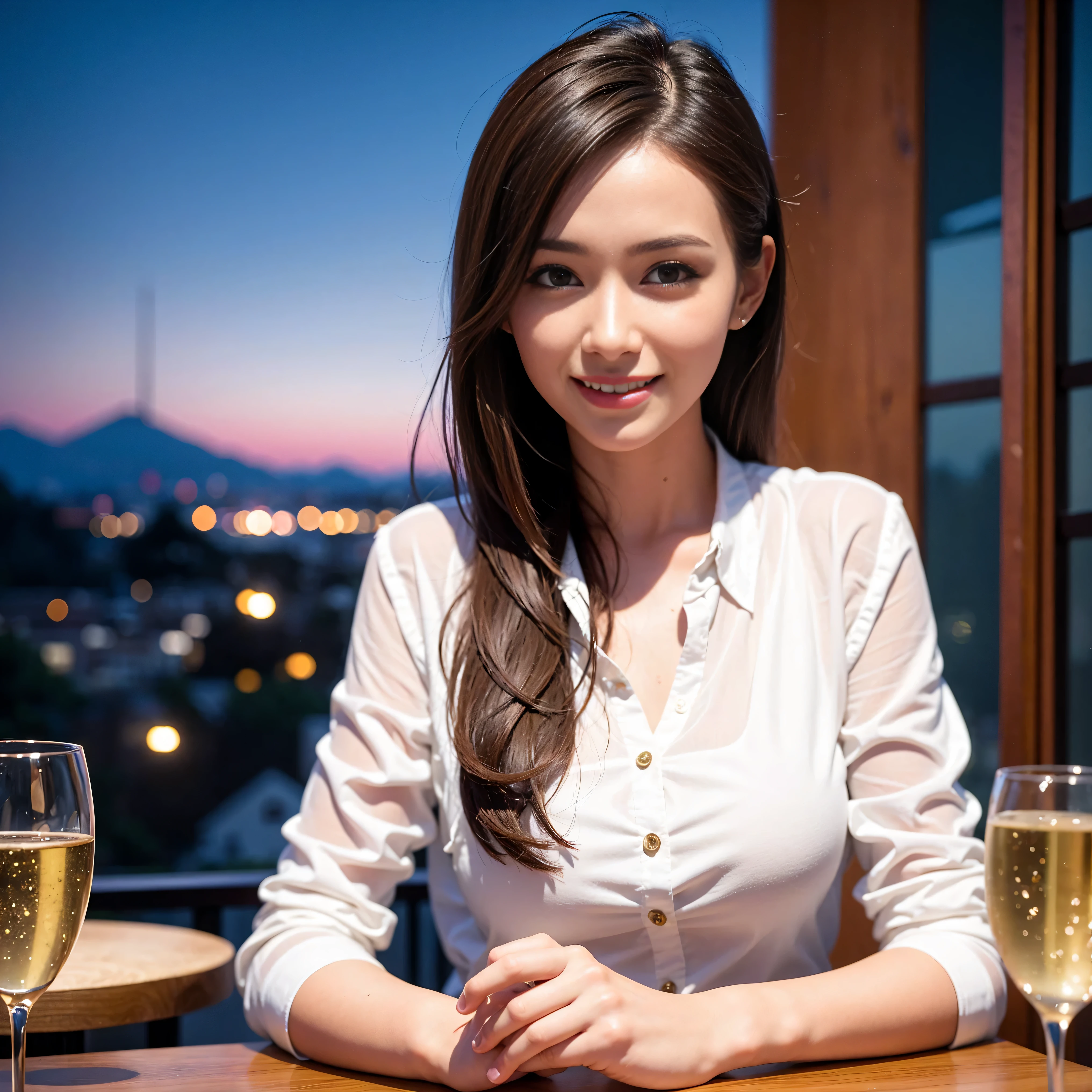 64k, Hmm, highest quality, masterpiece: 1.2), (realistic, photorealistic: 1.37), Spectacular view of the sunset sky and clouds、Amazing mountain views、slimな美女3名, (slimフェイス),Happy、 最高なsmile、Fox face、Berry Short、(because I'thin), (brown hair), (shortcut), long sleeve shirt、winter fashion、Colombian、Brazilian、Japanese、Dutch、German、Portuguese、Belgian、Italian、French,Champagne、sparkling wine、 (Squirting), (slimボティ), (brown hair), (shortcut), neat beauty、cheeks turn a little red, (35 years old), 38 years old, alone, A beautiful and detailed night view spreads out outside the window......, restaurant, wine glassが座っている, At night, in a prominent place (from the Upper body) nova frog style, actress, model, Upper body, White wine, slim, wine glass, Very beautiful night view, wine glass Put in the Middle, Happy smile, (smile: 1.15),