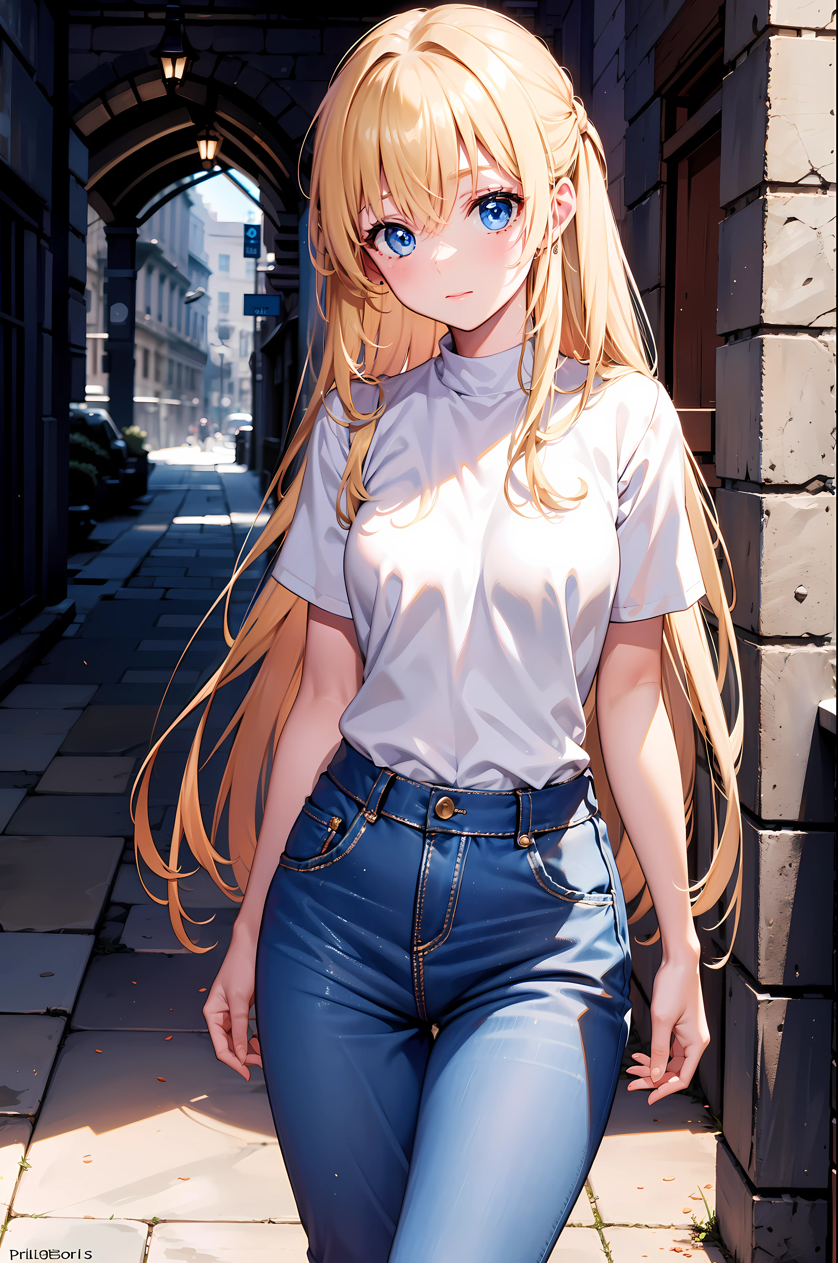 best quality, masterpiece, 1 woman, (alone:1.1), very detailed,detailed face, 8k wallpaper, wide hips, PriestessNDV, 1 woman, blonde hair, (blue eyes chest), long hair, sexy, bright, (real skin)  , standing , cowboy_launch , bare hands , White_t-shirt , jeans , dokyo_market price