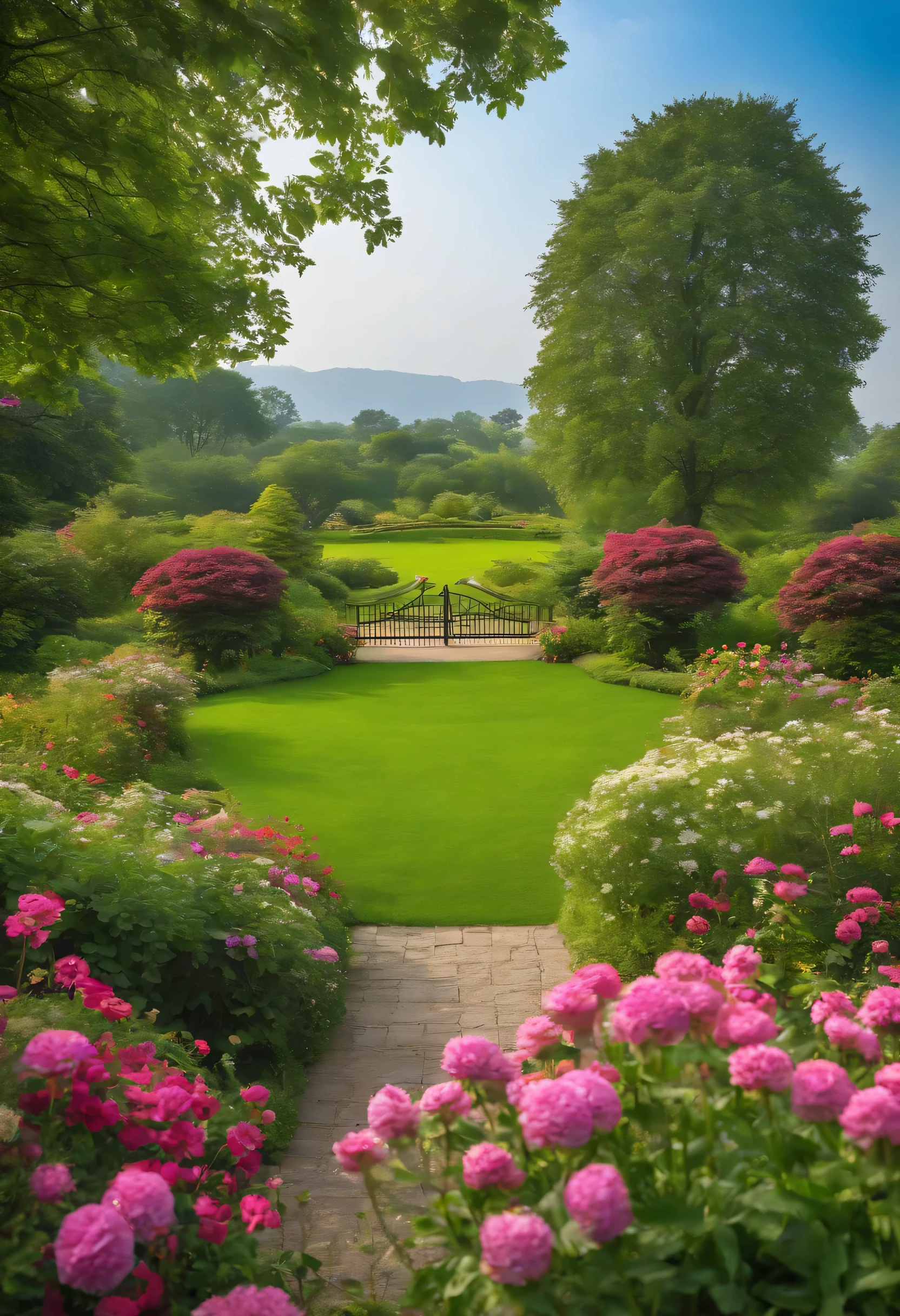 there is a green grassland with a gate and flowers in the middle, 背景是Lush的花园, with a lush grass grassland, lush grassland, landscape, beautiful garden on background, garden environment, Lush的花园环境, pastoral backyard setting, parks and gardens, garden with flowers, Lush, Beautiful English garden, Garden background, grassland, it'It's green outside, beautiful garden