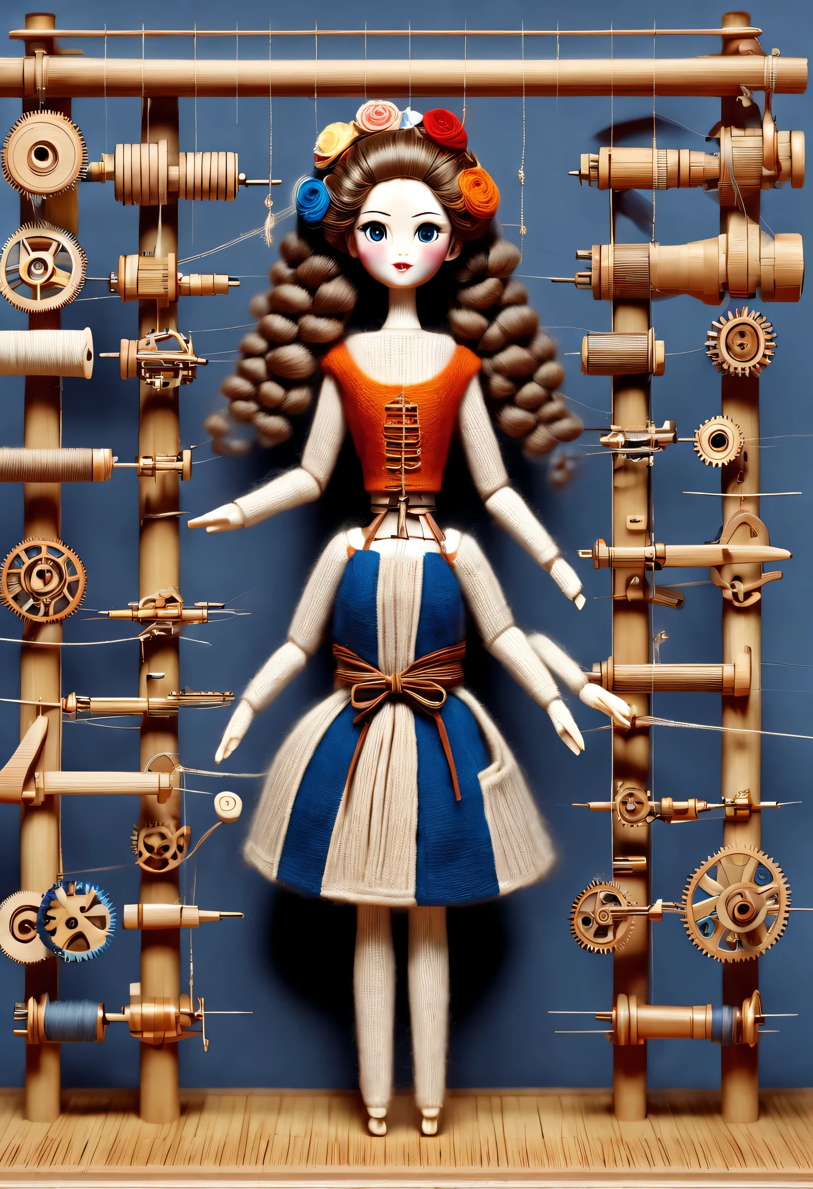 China's unique high-end carpenter sculpture style, character idea, (whole body), (a mechanically constructed doll is 织布), sewing machine,木梭织带机由sewing machine架、Brora、sewing machine头、Shuttle and yarn composition。sewing machine架用于支撑sewing machine头和Brora,Brora和sewing machine头是织布的核心部件,They perform the weaving function through a series of mechanical movements。Shuttle is an essential accessory for weaving,Mainly responsible for conveying yarn,Realize the function of knitting, Mechanical wires connecting dolls's bow finger, Gears connect slender Legechanism on log base), The key spring is inserted into the back of the doll, cute and beautiful face, Extra long red double braids, blue and orange skirt, Slender mechanical wooden arms and legs, Beautiful and detailed,rotate, dance, 8k, super detailed, actual, high resolution, Ray tracing,yarn art