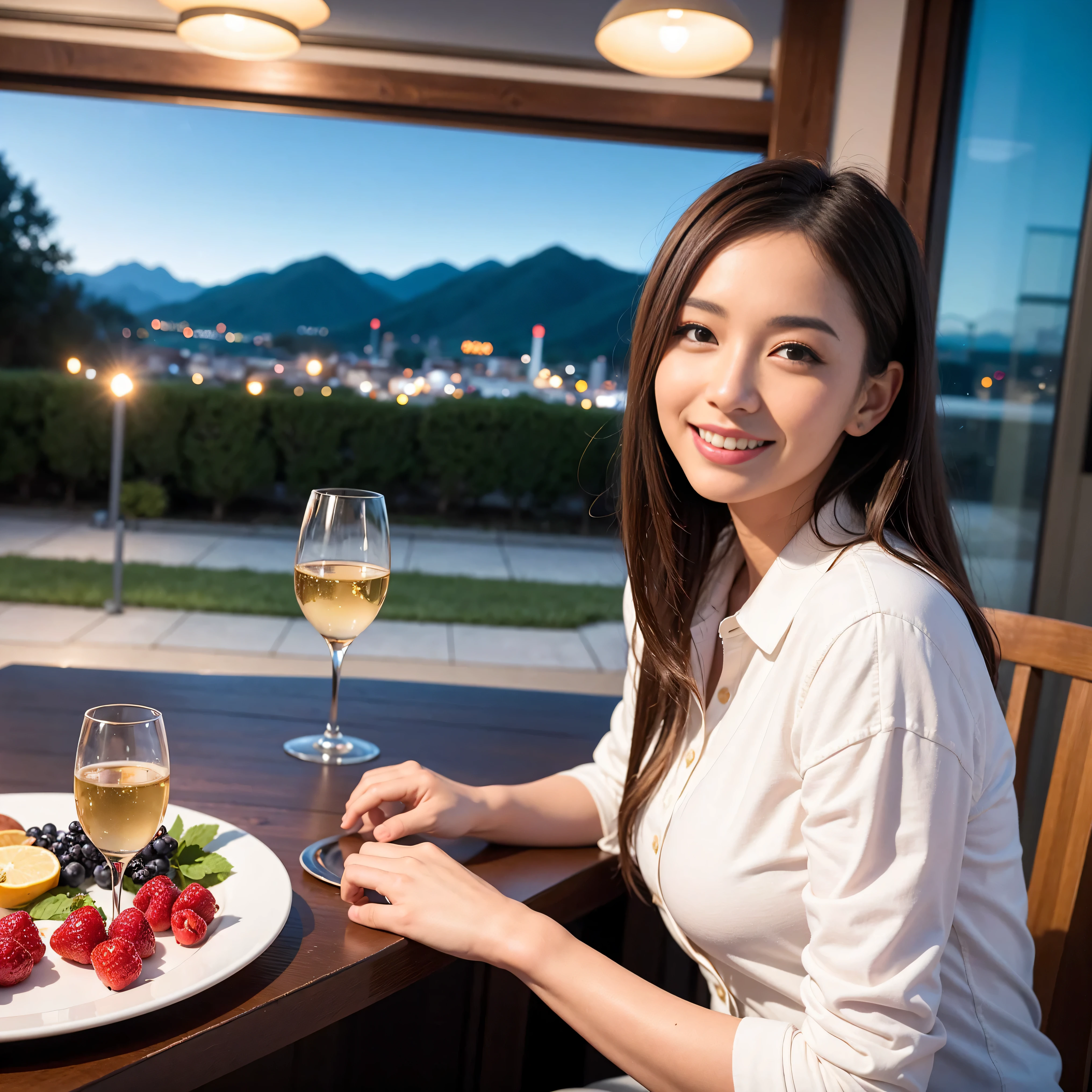 ((Highest quality、、masterpiece:1.3))、1 male、1 female、Satomi Ishihara、 36 years old、Slim Beauty、Pink Couple、smile、 (Slim face), (the body is スリム), (Brown Hair), (Shortcuts), テーブルのフルコースディナーとwine glass、Amazing view of the sunset sky and clouds、smileの美しさ、Wine bottle、sparkling wine、Long sleeve shirt、dress、White wine, red wine, wine glass,