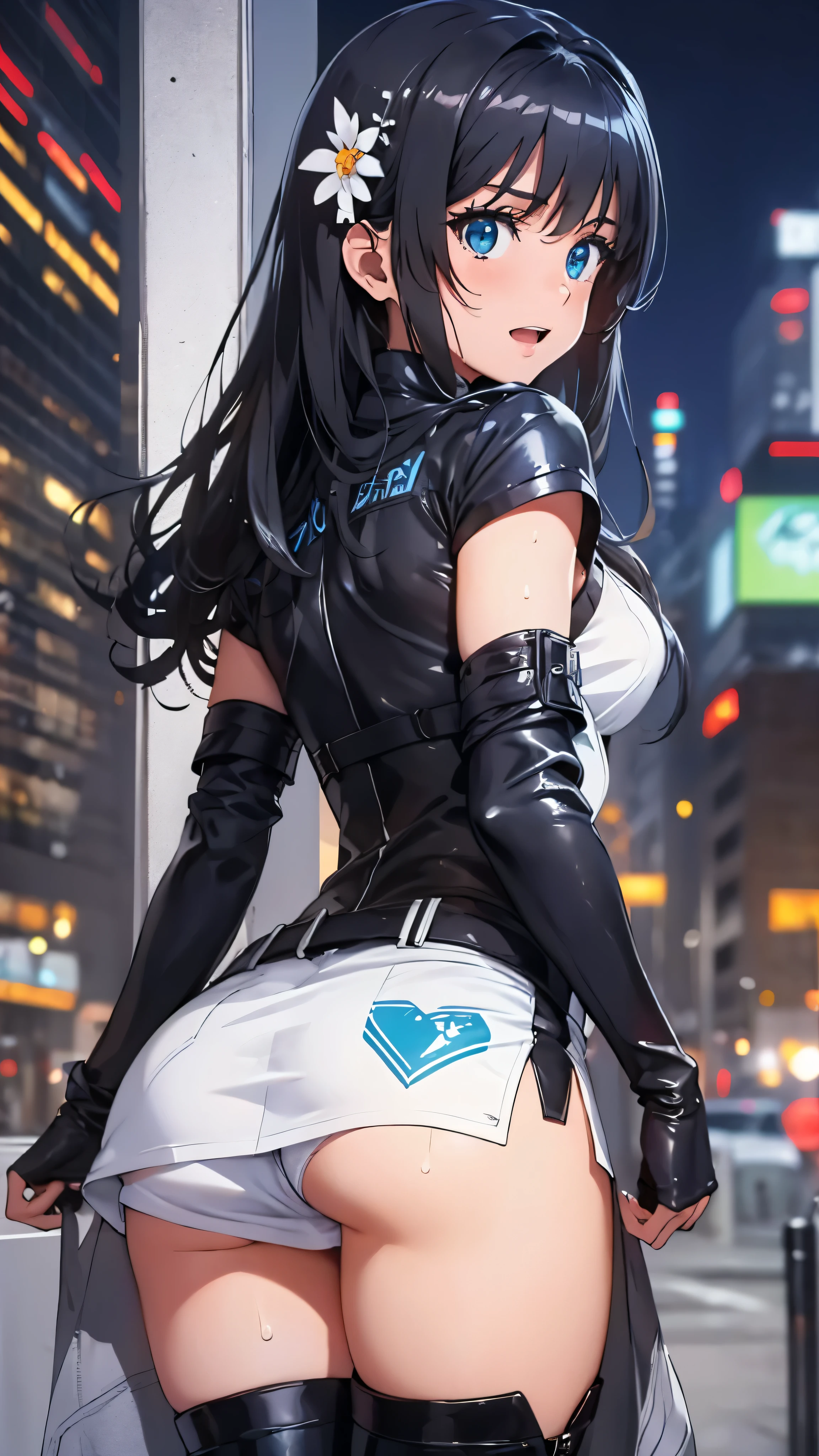 woman,,,city,night,(((white and blue tight miniskirt bodysuit))),,open mouth smile((leather thigh high boots))(See-through),(()),((saten ruiko)),blush、surprised face,((())),((look back))(wet with sweat)Reflecting the buttocks