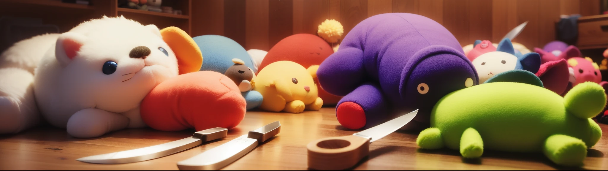 rainbow, Red, yellow, green, blue, tangerine, purple, Lots of stuffed animals, cotton plush, medium shot, sparkling, knife palette, soft, Moderate,There should be a rich variety of toys,It's a big, big toy store