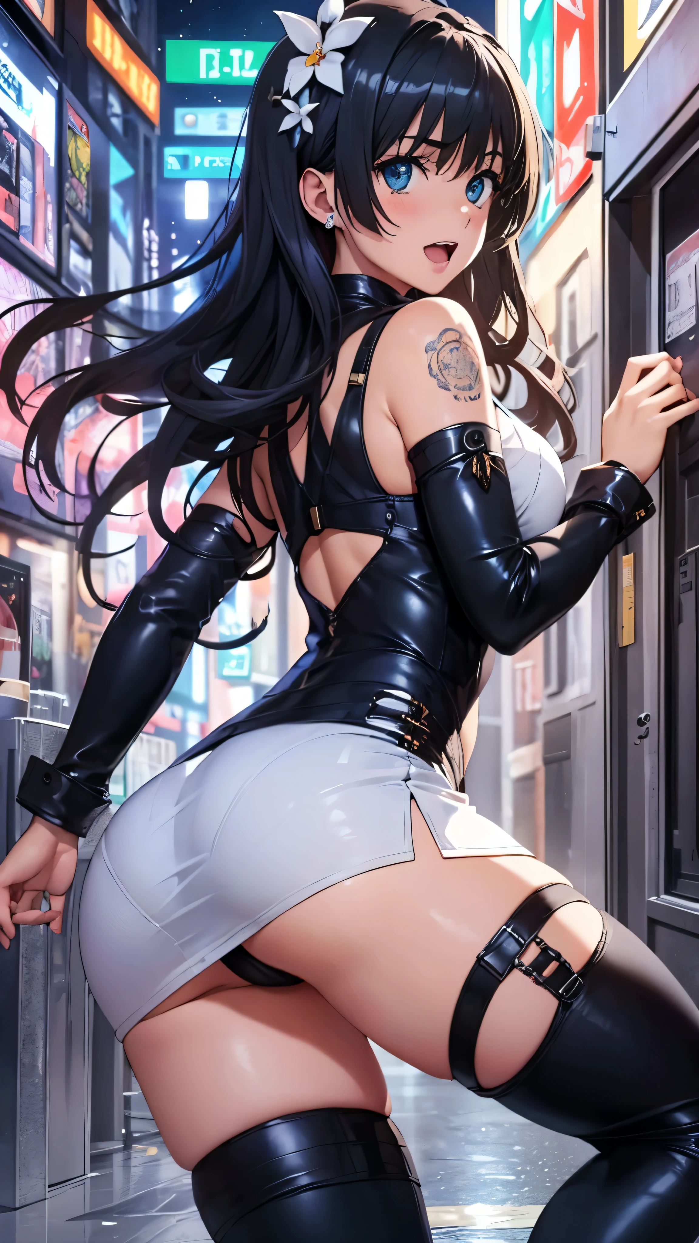 woman,,,city,night,(((white and blue tight miniskirt bodysuit))),,open mouth smile(())(See-through),(()),((saten ruiko)),blush、surprised face,(leather thigh high boots),((look back))(wet with sweat)