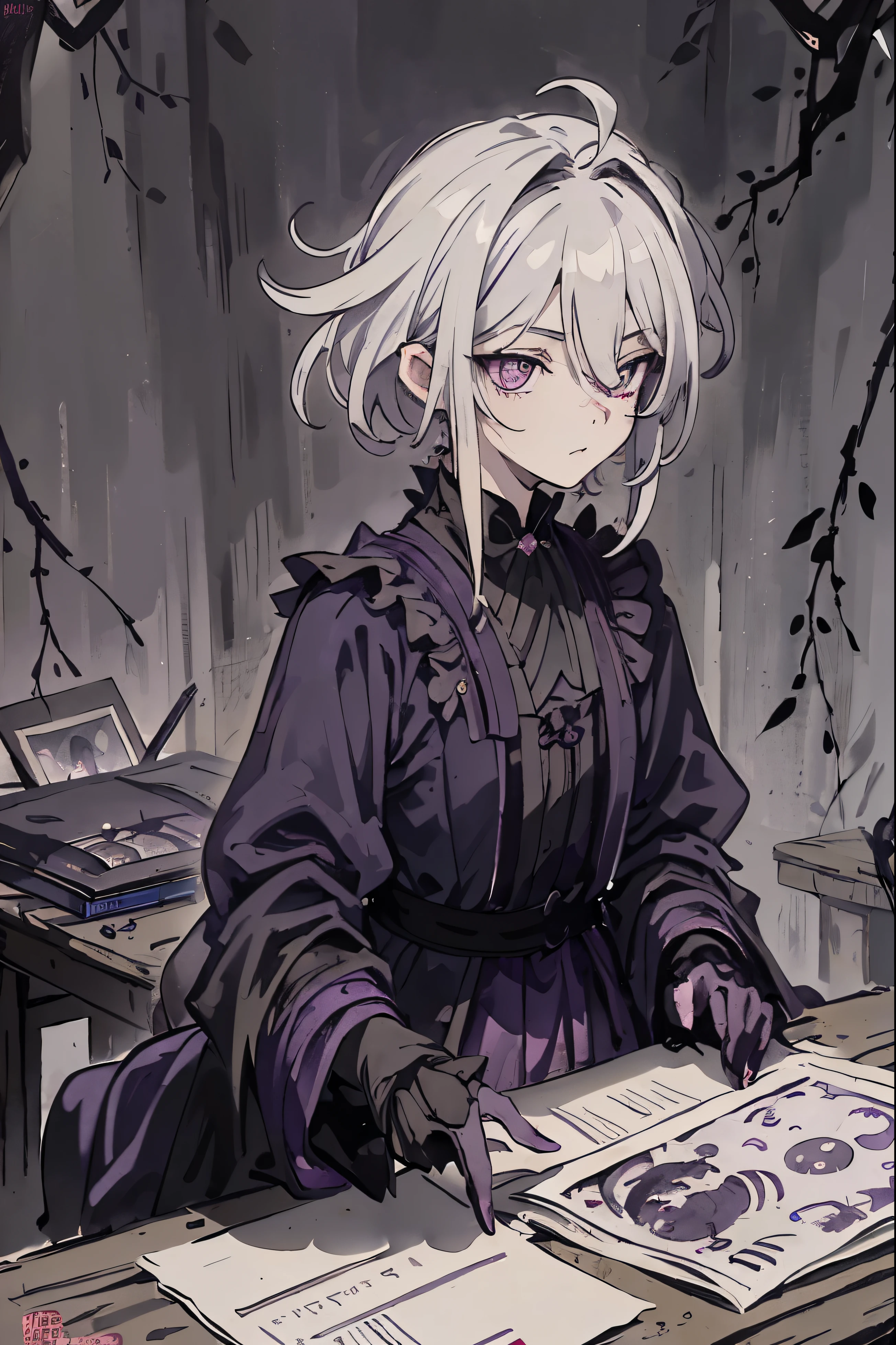 Dark silhouette, upper body, dark shadows, only silhouette, 1boy, shadow, dark aura, looking at viewer, deadpan face, shadow, (white messy hair:1.5), (dark purple shining eyes:1.5), white hair, close-up, vampire, vampire fang, cute fang, fang