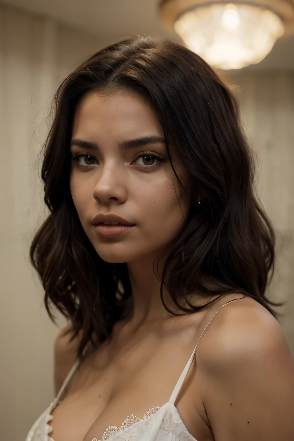 Una mujer con cabello largo y negro y un top negro, flawless, hermosa cara latina, rostro feminino atraeador!!!, pelo negro rizado y ojos verdes, hermosa cara atraejor, pelo negro lustroso y ojos grandes, Cara extremadamente hermosa, cara perfecta, cara hermosa y atraejor, Hermosa cara. Este retrato captura a Adriana Lima, a 35 year old latin beauty with a beautiful face with smooth skin, negros rizos largos que caen sobre