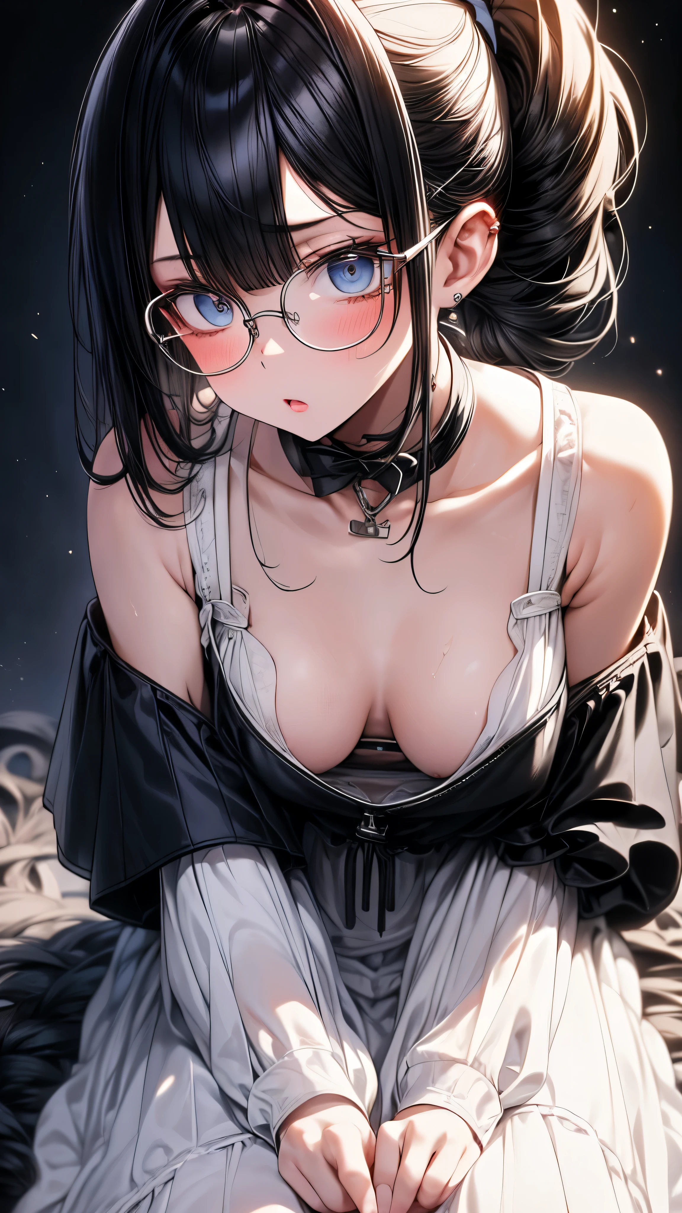 1 female,black hair, ,((anxious look)),beautiful breasts,sheer white tank top,good style,,(facing the front)(((cheeks turn red、surprised expression)),(((Underponytail))),((( upper body portrait)))frameless glasses,blue eyes,(((Bangs are uniform)))((See-through))sexy bra(wet condition)