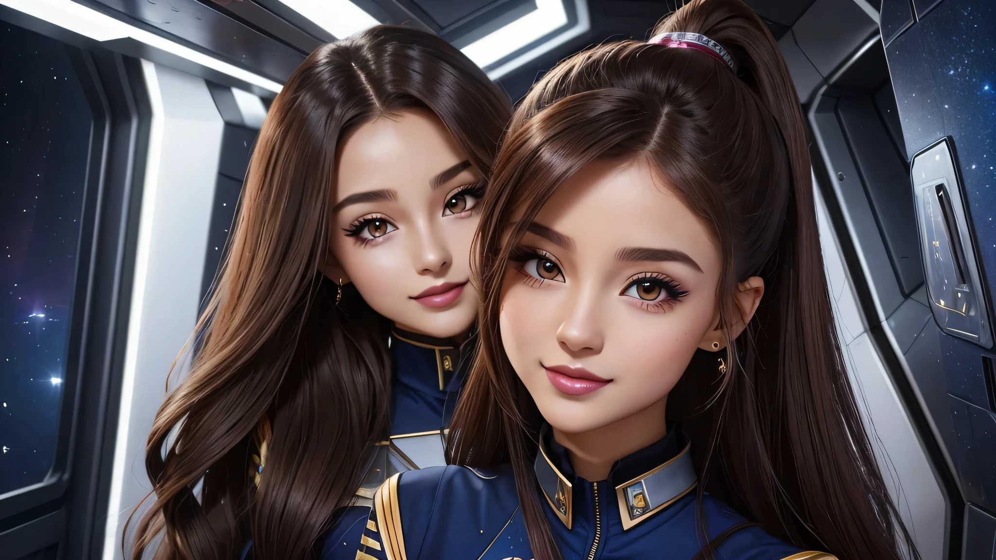 20 year old sexy space baby, Beautiful, long and shiny brown hair, eyeliner, lipstick, eye shadow, flirty smile, There&#39;There&#39;s a cute sparkle in her eyes, like々new enthusiasm, Corporate bridge, Wearing a TNG uniform, sophisticated facial details, walk through the spaceship corridor、ariana grande、perfect body,(lie:1.3),