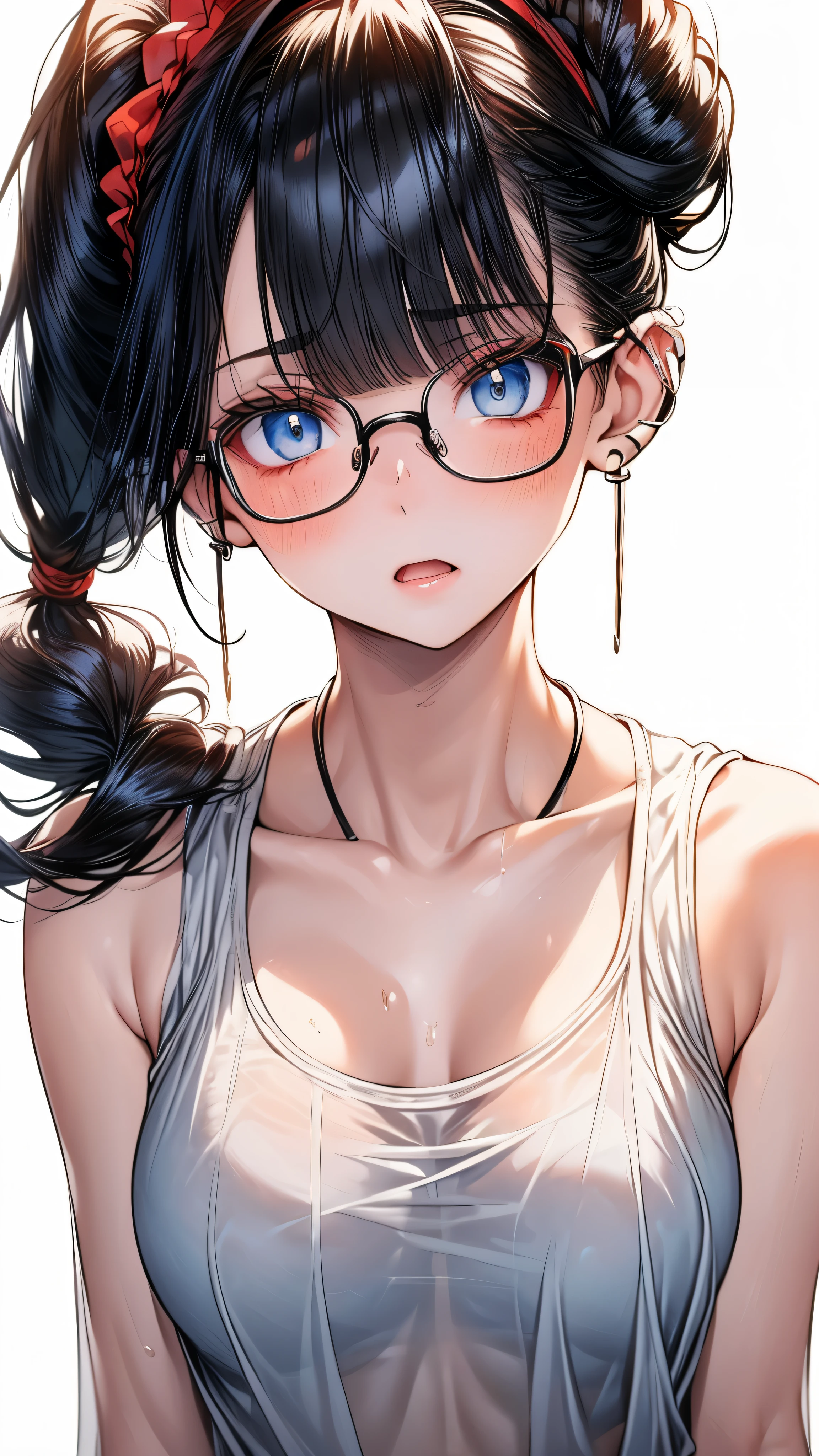 1 female,black hair, ,((anxious look)),beautiful breasts,sheer white tank top,good style,,(facing the front)(((cheeks turn red、surprised expression)),(((Underponytail))),((( upper body portrait)))frameless glasses,blue eyes,(((Bangs are uniform)))((See-through))sexy bra(wet condition)