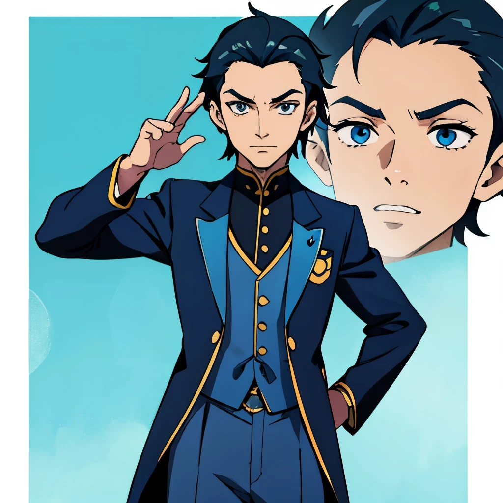 Avatar animado de un chico vestido de azul, con traje azul que tenga tematica de erudito con anteojos, joven.