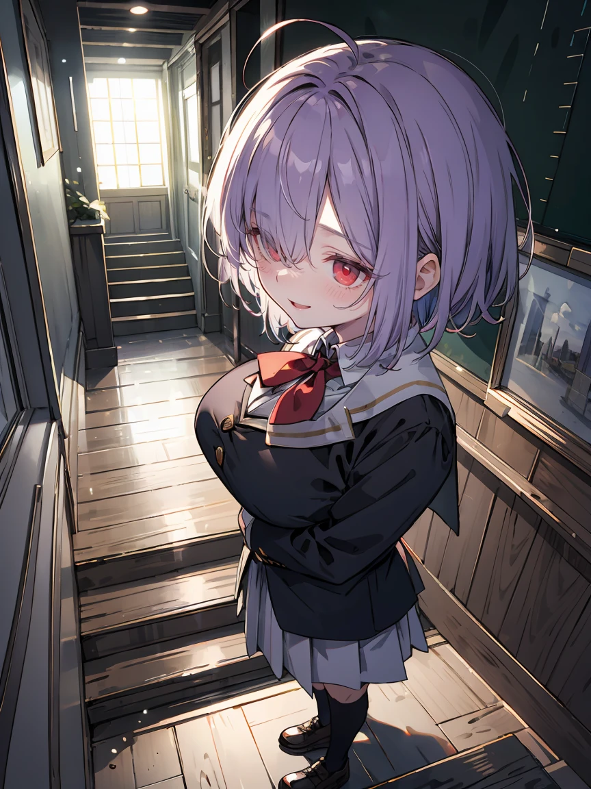 ((8Kmasterpiece,highest quality)), ultra high resolution,(masterpiece: 1.4),hyper detail 
BREAK (1 girl),beautiful face,(red eyes),beautiful and delicate eyes,thin and long eyelashes,artistic makeup 
BREAK (dark purple hair),(hair over one eye),(short hair),(close-set eyes:1.2),(narrow-angled eyes:1.2),(ahoge),(condescend laugh:1.2)
BREAK (school costume:1.2),knee socks,brown pumps,(big breasts)
BREAK (stairs of home:1.3),particle of sunlights,gentle breeze
BREAK motion blur,depth of written boundary,spectacular panoramic view,(vignette light:1.2),(looking away:1.4),shot from side