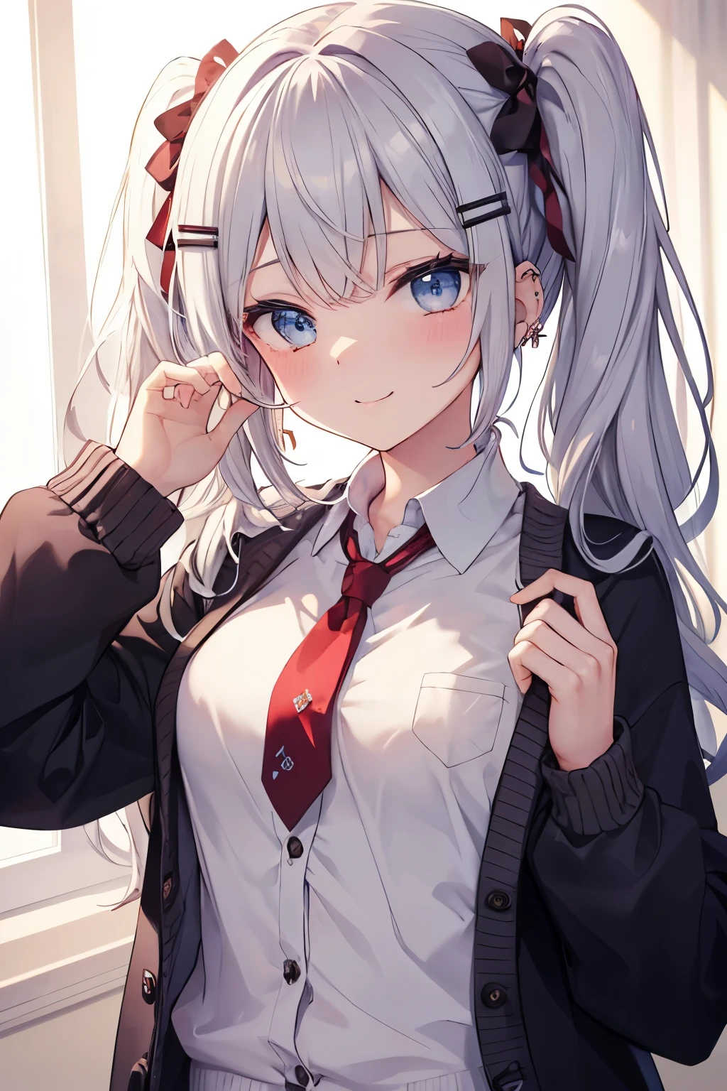 Silver-haired blue eyes、 girl、small breasts、twin tails、laughter、Nico Nico Smile、wearing a knit cardigan、wink、 girl、Looks about 、Petan Musume、girl、uniform、 girl、accessories、ear piercing、Cute Hairpins、hair ornaments、Gal-like、are at school、look of temptation、sexy、My tie is loose and my chest is showing a little