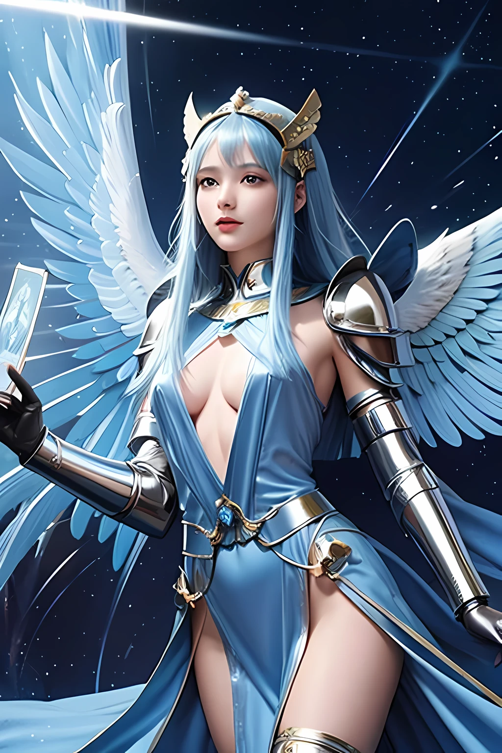 Blue Themed Tarot Card With A Flying Angel, nsfw, silver armour, sphinx in the background, counterspells,