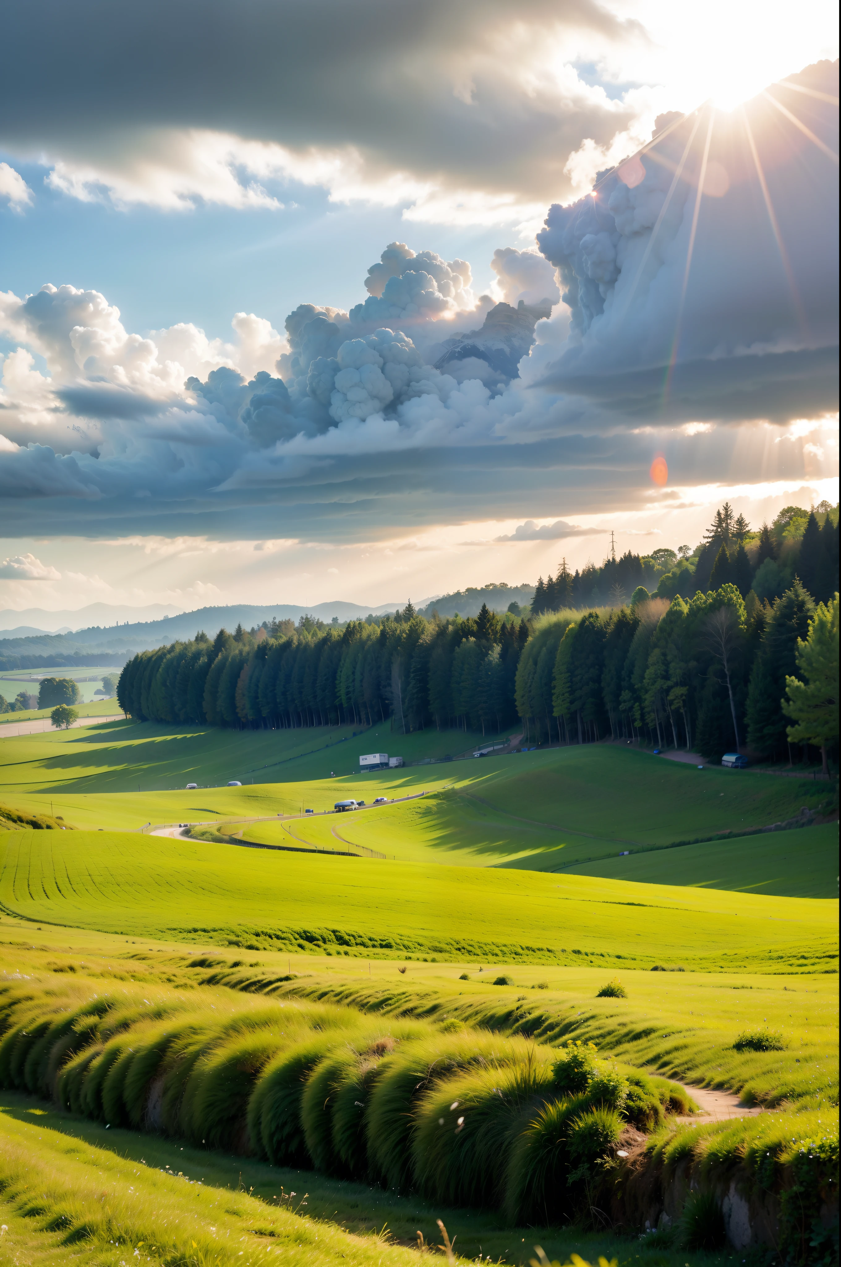 A lush green grassland，swaying gently in the wind，Like the soft hair of the earth。The sun shines through the clouds，sprinkle golden light，Make the grassland look more dazzling。