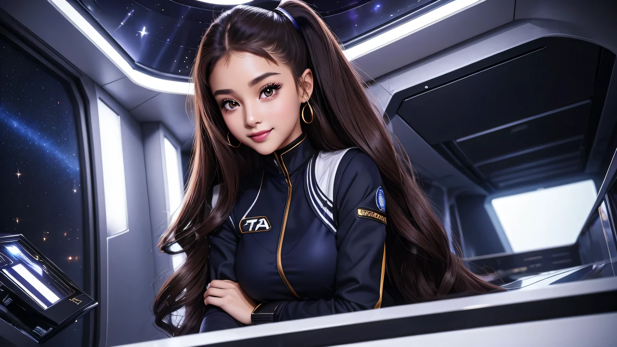 20 year old sexy space baby, Beautiful, long and shiny brown hair, eyeliner, lipstick, eye shadow, flirty smile, There'There's a cute sparkle in her eyes, like々new enthusiasm, Corporate bridge, Wearing a TNG uniform, sophisticated facial details, walk through the spaceship corridor、ariana grande、perfect body,(lie:1.3),