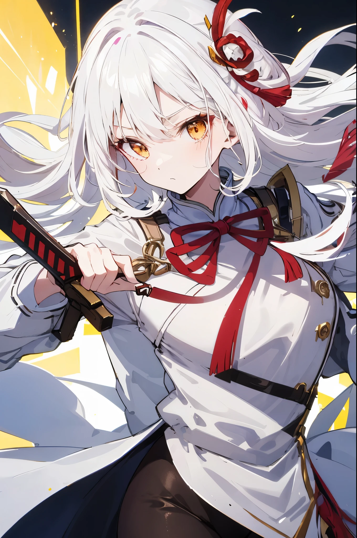 black anime girl，long white hair，wearing white clothes, yellow eyes, with sword, Indifferent Genshin Impact style