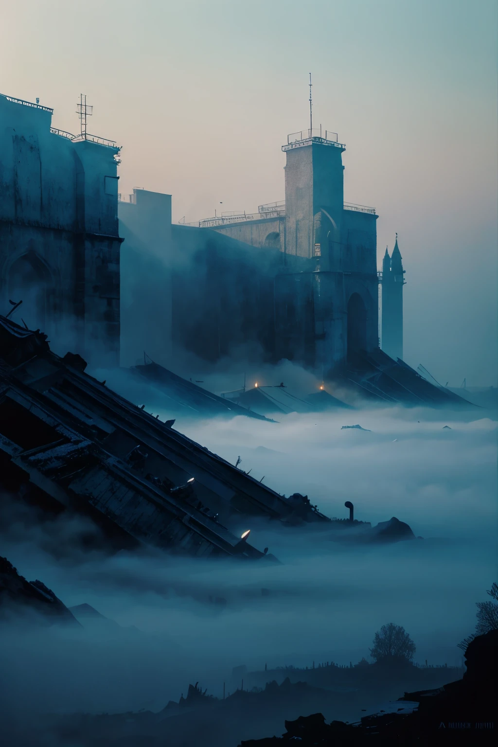 A blue winter with colors and fog drawing by Zdzisław Beksiński, high-quality, ink illustration, intricate details, sci-fi, detailed shading, professional, dramatic lighting