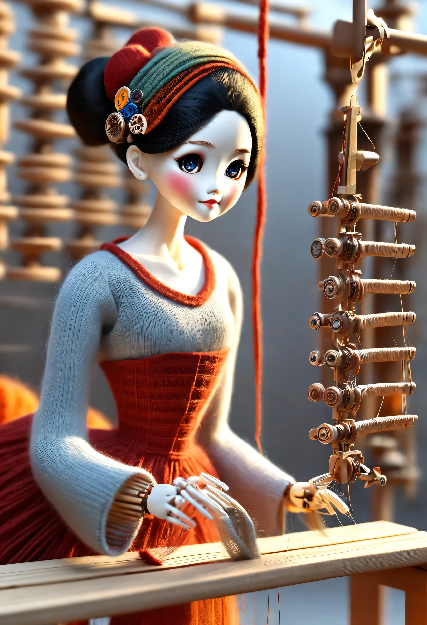 China&#39;s unique high-end carpenter sculpture style, character idea, (whole body), (a mechanically constructed doll is 织布）, sewing machine，木梭织带机由sewing machine架、Brora、sewing machine头、Shuttle and yarn composition。sewing machine架用于支撑sewing machine头和Brora，Brora和sewing machine头是织布的核心部件，They perform the weaving function through a series of mechanical movements。Shuttle is an essential accessory for weaving，Mainly responsible for conveying yarn，Realize the function of knitting, Mechanical wires connecting dolls&#39;s bow finger, Gears connect slender Legechanism on log base), The key spring is inserted into the back of the doll, cute and beautiful face, Extra long red double braids, blue and orange skirt, Slender mechanical wooden arms and legs, Beautiful and detailed，rotate, dance, 8k, super detailed, actual, high resolution, Ray tracing,yarn art