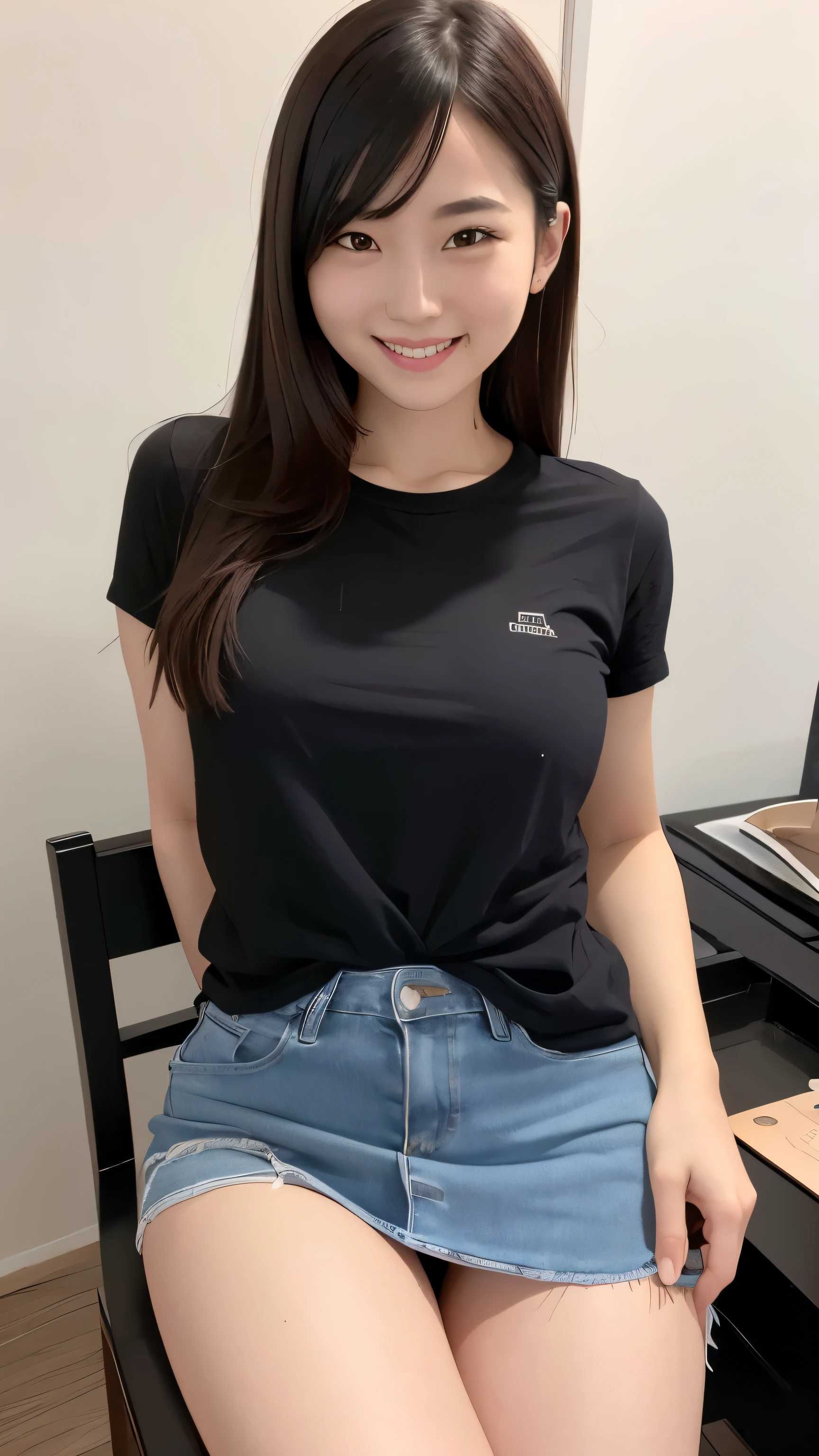 best image quality、realistically、radiant beautiful skin、1 female、Early 20s、Chair、idol sculpture、grace body、rough shirt、mini skirt、underwear、Please open your legs for the camera、smile、