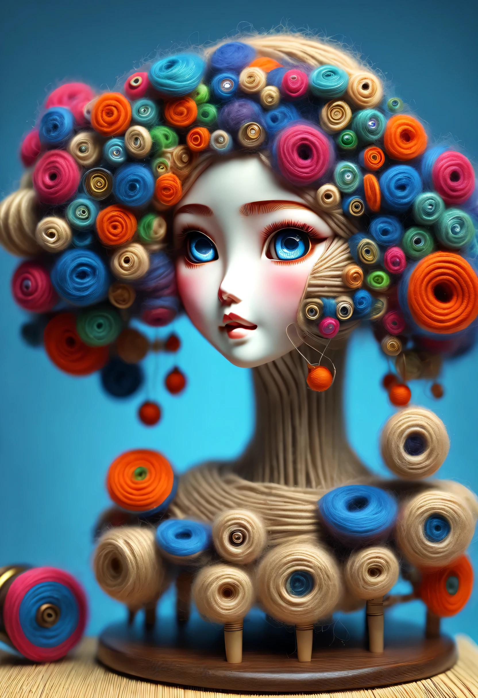 China&#39;s unique high-end carpenter sculpture style, character idea, (whole body), (a mechanically constructed doll is 织布）, sewing machine，木梭织带机由sewing machine架、Brora、sewing machine头、Shuttle and yarn composition。sewing machine架用于支撑sewing machine头和Brora，Brora和sewing machine头是织布的核心部件，They perform the weaving function through a series of mechanical movements。Shuttle is an essential accessory for weaving，Mainly responsible for conveying yarn，Realize the function of knitting, Mechanical wires connecting dolls&#39;s bow finger, Gears connect slender Legechanism on log base), The key spring is inserted into the back of the doll, cute and beautiful face, Extra long red double braids, blue and orange skirt, Slender mechanical wooden arms and legs, Beautiful and detailed，rotate, dance, 8k, super detailed, actual, high resolution, Ray tracing,yarn art