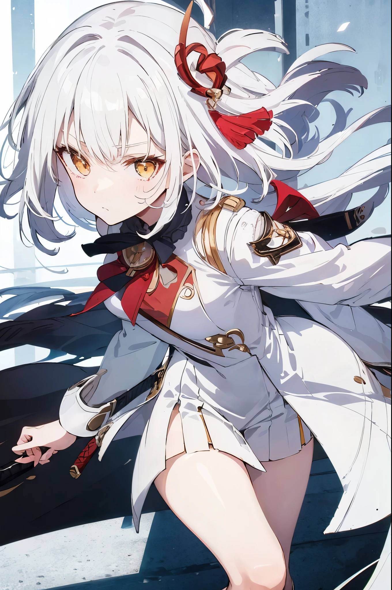 black anime girl,long white hair,wearing white clothes, yellow eyes, with sword, Indifferent Genshin Impact style