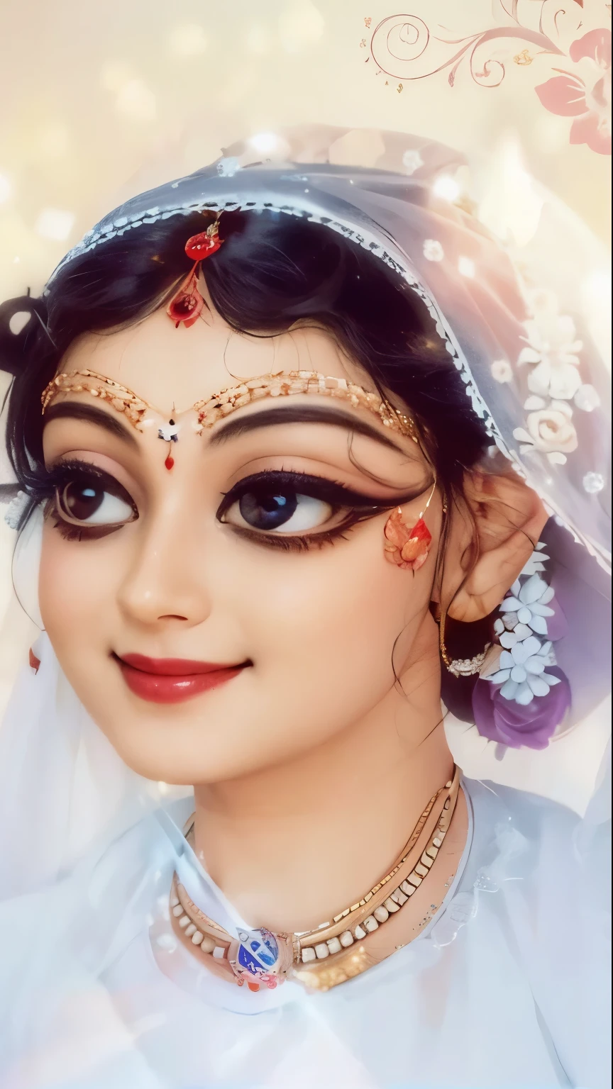 Radharani wearing a white dress, divine smile, bright lightings, large eyes