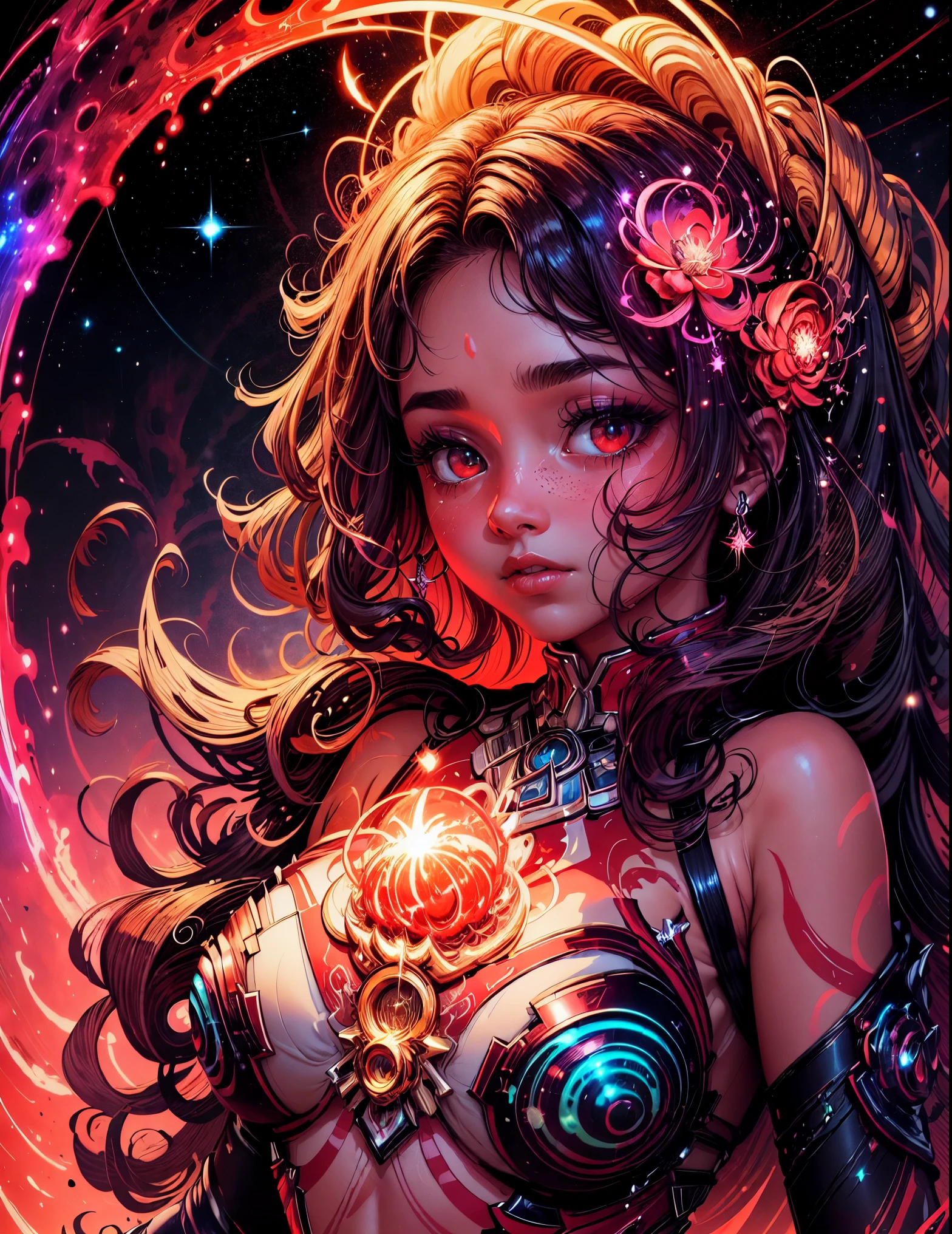 goddess made of stars and space,red colours,celestial features,long flowing hair,expressive eyes,graceful pose,galaxy background,pulsating stars,glowing nebulae,shimmering auroras,ethereal beauty,cosmic energy,majestic presence,breathtaking celestial attire,mysterious aura,cosmic dust,floating galaxies,sparkling stardust,celestial goddesses,red cosmic flames,luminous cosmic halo,vivid red hues,celestial harmony,mesmerizing celestial dance,vibrant cosmic rays,fiery bursts of energy,radiant star clusters,red celestial collisions,red cosmic swirls,illuminated cosmic particles,dazzling starry trails,red cosmic rays,celestial transcendance,red nebulae,red star clusters,red celestial rivers,red interstellar journey,serene bliss amongst the stars,vivid red celestial realms,colossal red supernovas,red cosmic vibrations,celestial red songs.
