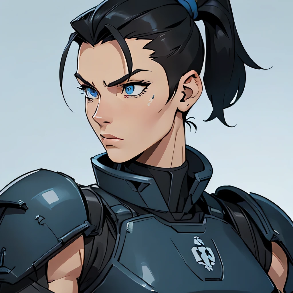 Lanky_muscular_female strong_jawline black_hair short_ponytail shaved_sides blue_eyes scars heavy_power_armor tactical_vest space_marine solo Masterpiece best_quality highly_detailed well_drawn_eyes