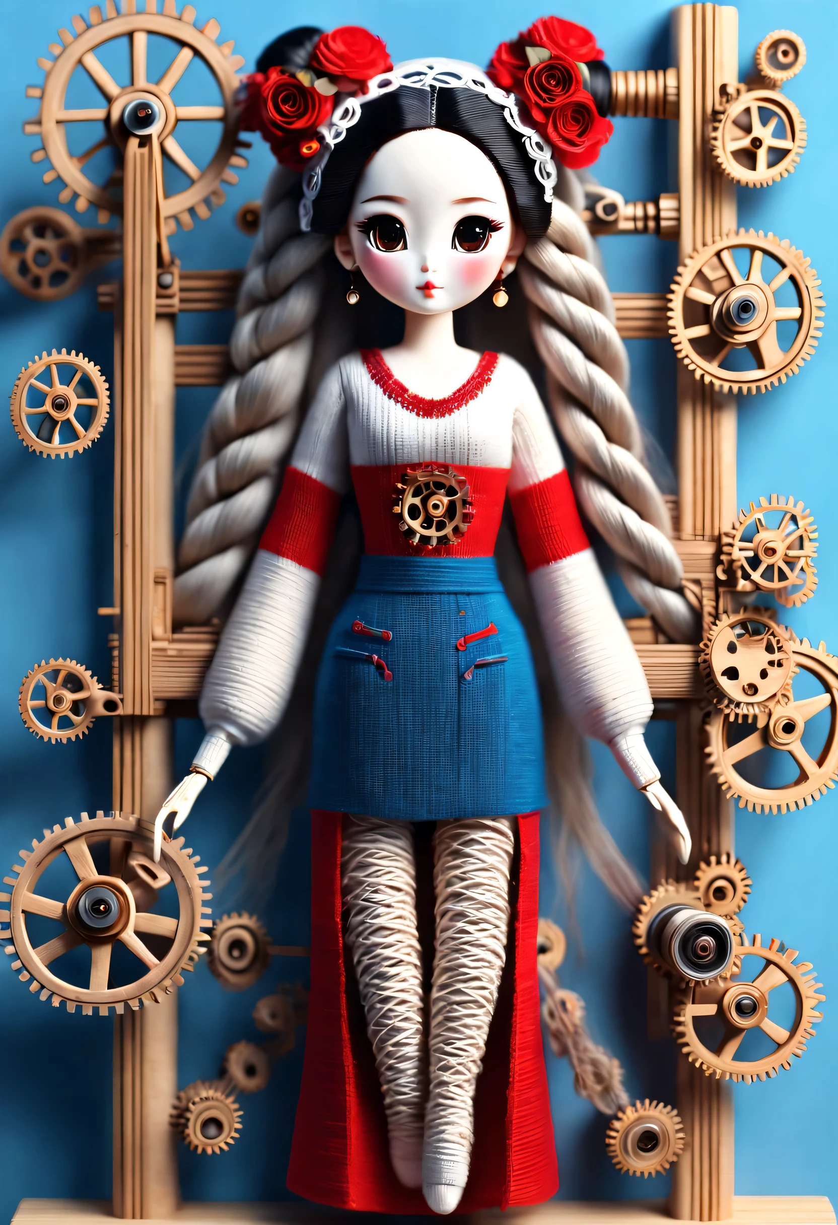China&#39;s unique high-end carpenter sculpture style, character idea, (whole body), (a mechanically constructed doll is 织布）, sewing machine，木梭织带机由sewing machine架、Brora、sewing machine头、Shuttle and yarn composition。sewing machine架用于支撑sewing machine头和Brora，Brora和sewing machine头是织布的核心部件，They perform the weaving function through a series of mechanical movements。Shuttle is an essential accessory for weaving，Mainly responsible for conveying yarn，Realize the function of knitting, Mechanical wires connecting dolls&#39;s bow finger, Gears connect slender Legechanism on log base), The key spring is inserted into the back of the doll, cute and beautiful face, Extra long red double braids, blue and orange skirt, Slender mechanical wooden arms and legs, Beautiful and detailed，rotate, dance, 8k, super detailed, actual, high resolution, Ray tracing,yarn art