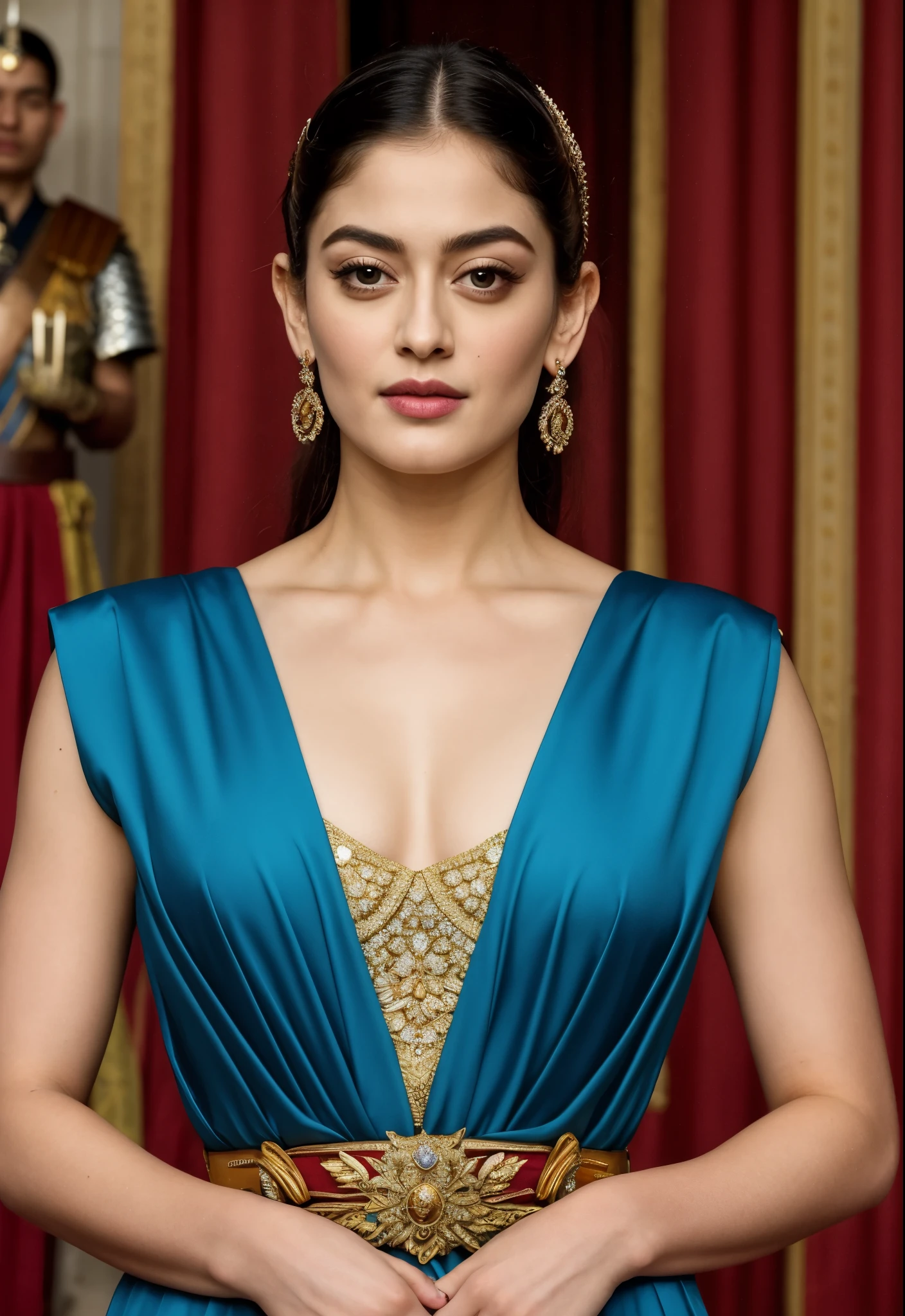 Looks like Sandeepa Dhar, "Design an illustration of a stunning and powerful warrior queen with a regal presence. She should possess a combination of strength and grace. Imagine her in ornate, yet practical armor that complements her figure. The armor should be adorned with intricate details and symbols representing her royal lineage and warrior prowess. Her weapon of choice could be a unique and elegant sword or a mythical weapon that reflects her status as a formidable leader.

Her facial features should exude confidence and determination, with piercing eyes that convey both fierceness and wisdom. The queen's hair, whether long or short, should flow dynamically, hinting at her movement in battle. Consider incorporating elements that emphasize her connection to nature or a mythical realm, such as ethereal backgrounds, symbolic animals, or mystical symbols.

Pay attention to the color palette; use rich, bold colors that enhance her royal aura. Experiment with lighting to highlight specific details and create a sense of drama. Ensure that her posture and expression capture the essence of a queen who commands respect and admiration. Feel free to draw inspiration from historical warrior queens or fictional characters, blending elements to create a unique and captivating image."