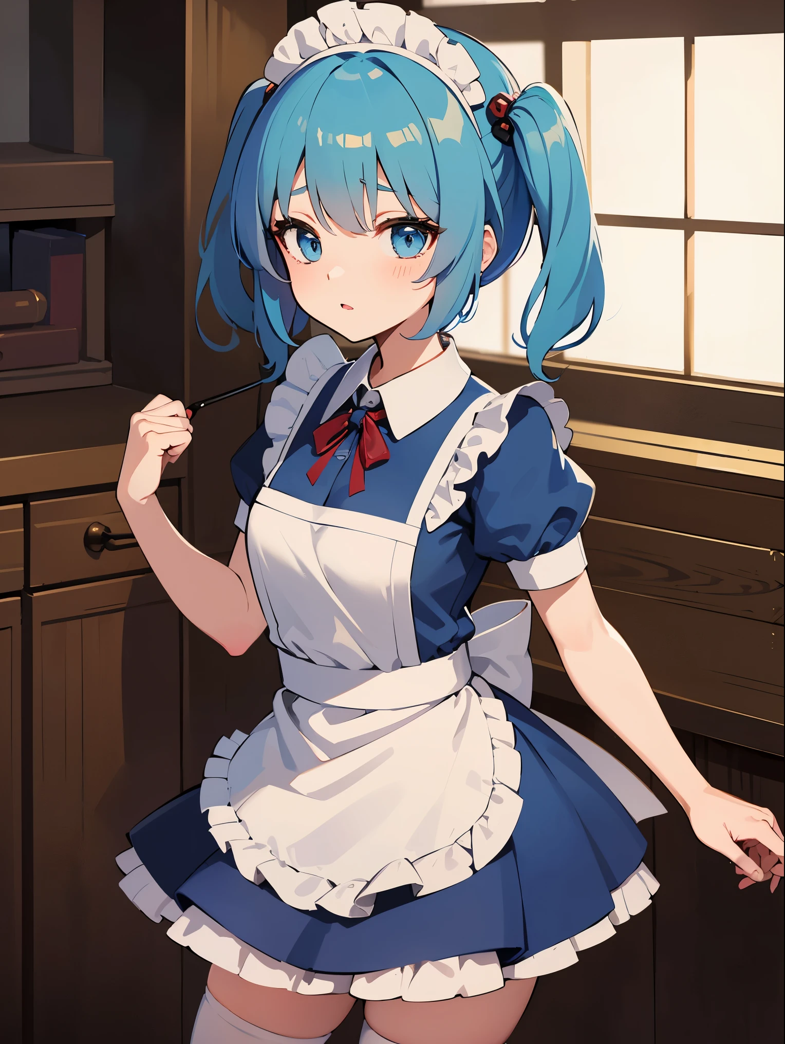 kwsro_Nitori_Touhou light blue hair, short twintails, two red round rubber bands, boy, light blue eyes, maid outfit, shy