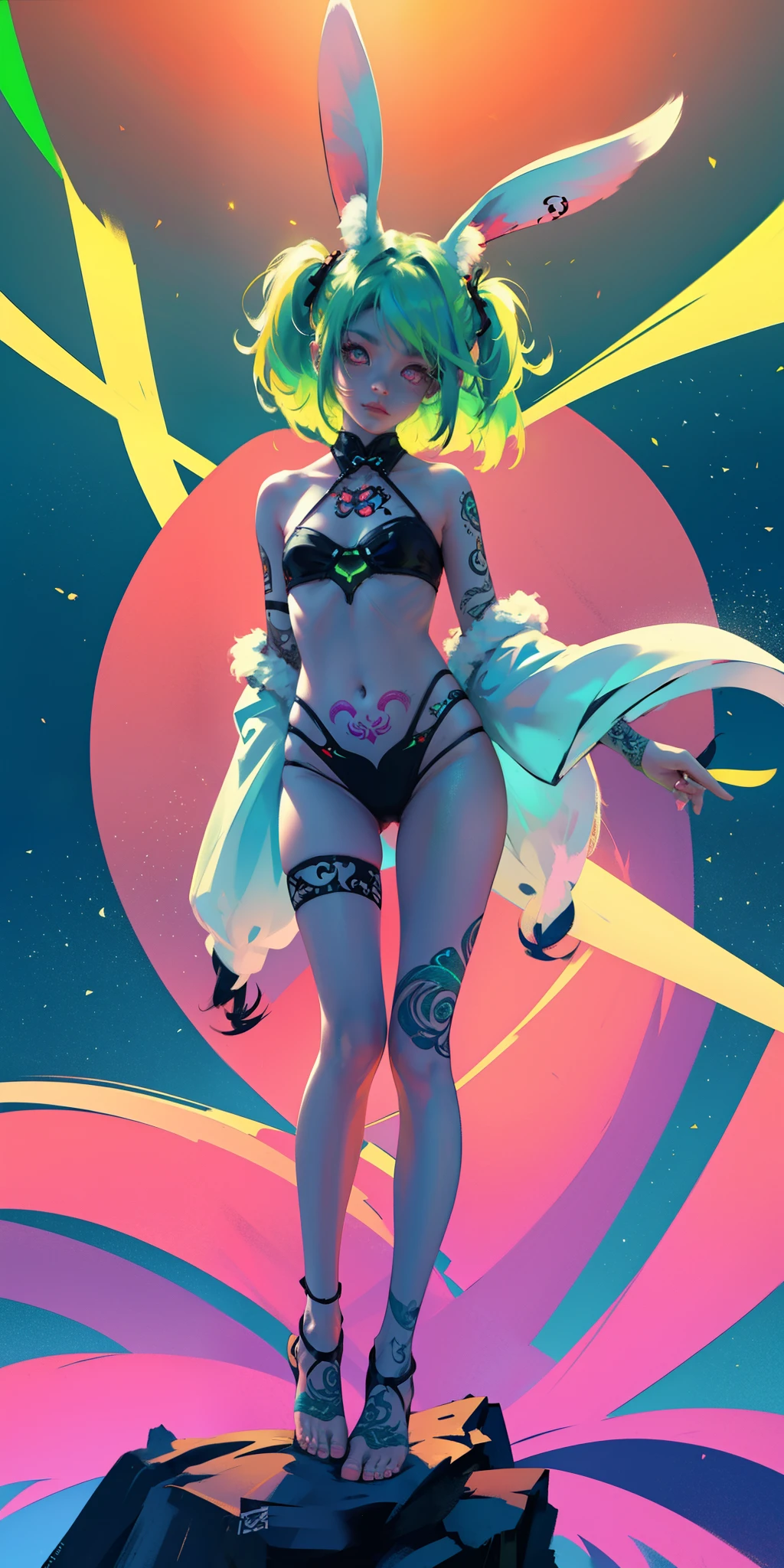 Rabbit technique , science fiction, fluffy ,
1 girl, tattoo, 发光tattoo, glowing eyes, Colorful glowing hair , (((whole body))), green hair,Open navel Kavitek, barefoot,pastel colors, kawaii, cutecolors,