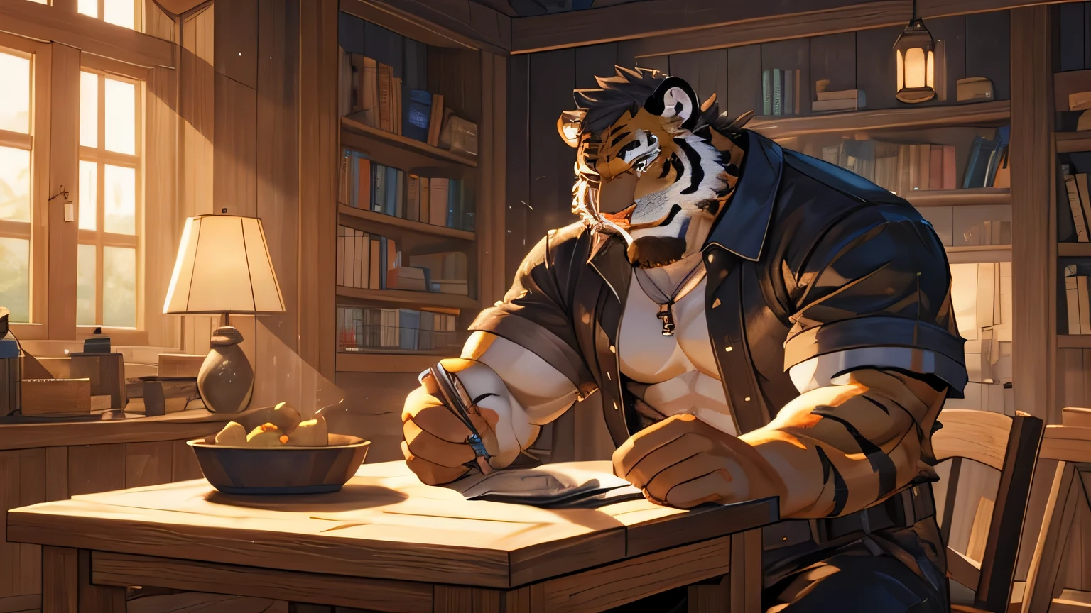 Grey-haired male tiger orc、Eyes are dark red、The stripes on the body are light black、Has two tails,Wearing a dark blue short-sleeved hat and T-shirt、black shorts、dark blue gloves,fingers bare、no shoes,By the window of the wooden house,The sun shines through the window,The warm sunshine shines on the tiger orc,Tiger orc lying on wooden table,Sitting on a wooden chair and resting,There are many books lined up on the table。