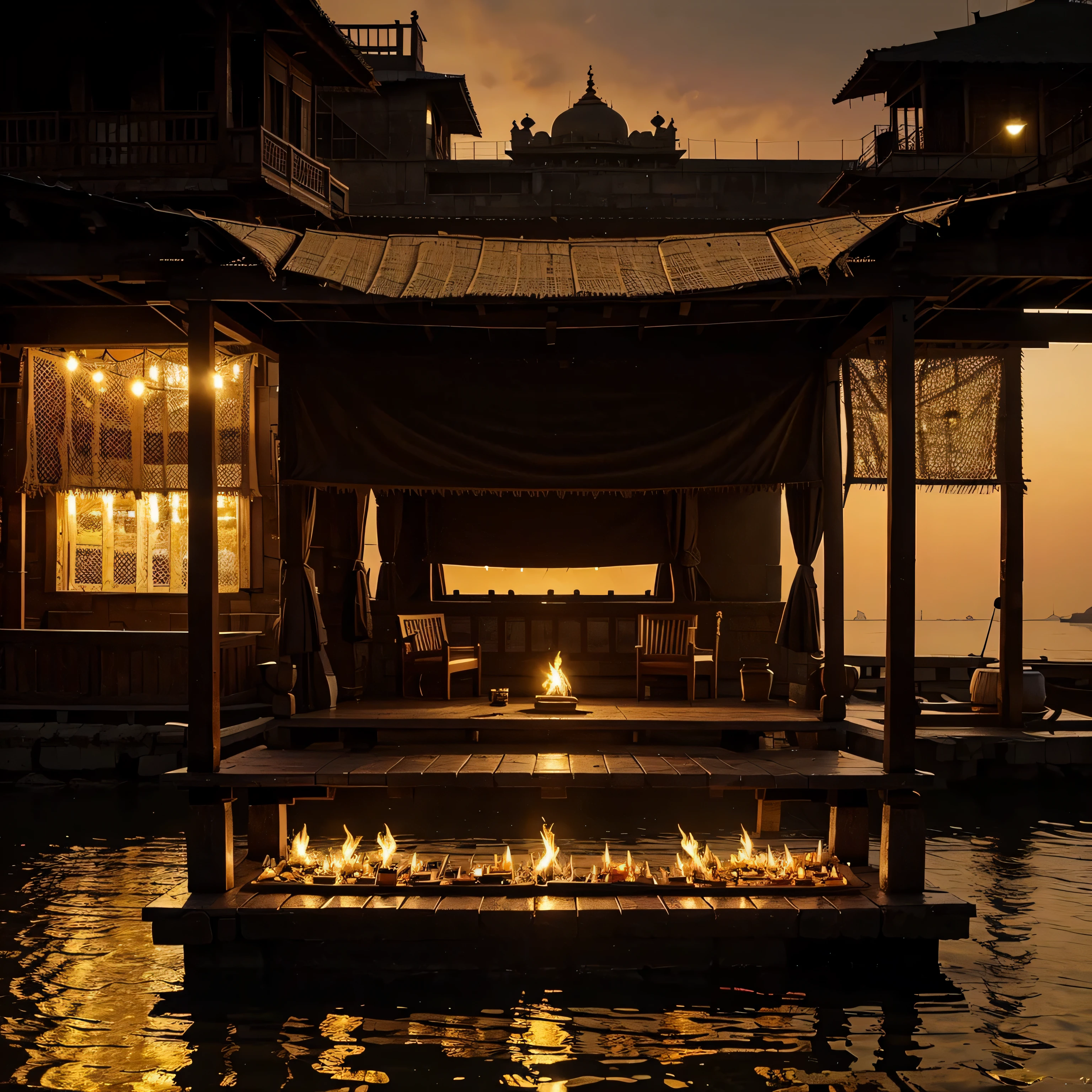 (((background)))(((Capture the breathtaking Dashashwamedh Ghat at different times – from the golden hues of the sunset Aarti to the tranquil moments after dusk. Showcase the glowing ghats and the vibrant atmosphere, with the Ganges reflecting the changing skies.)))
