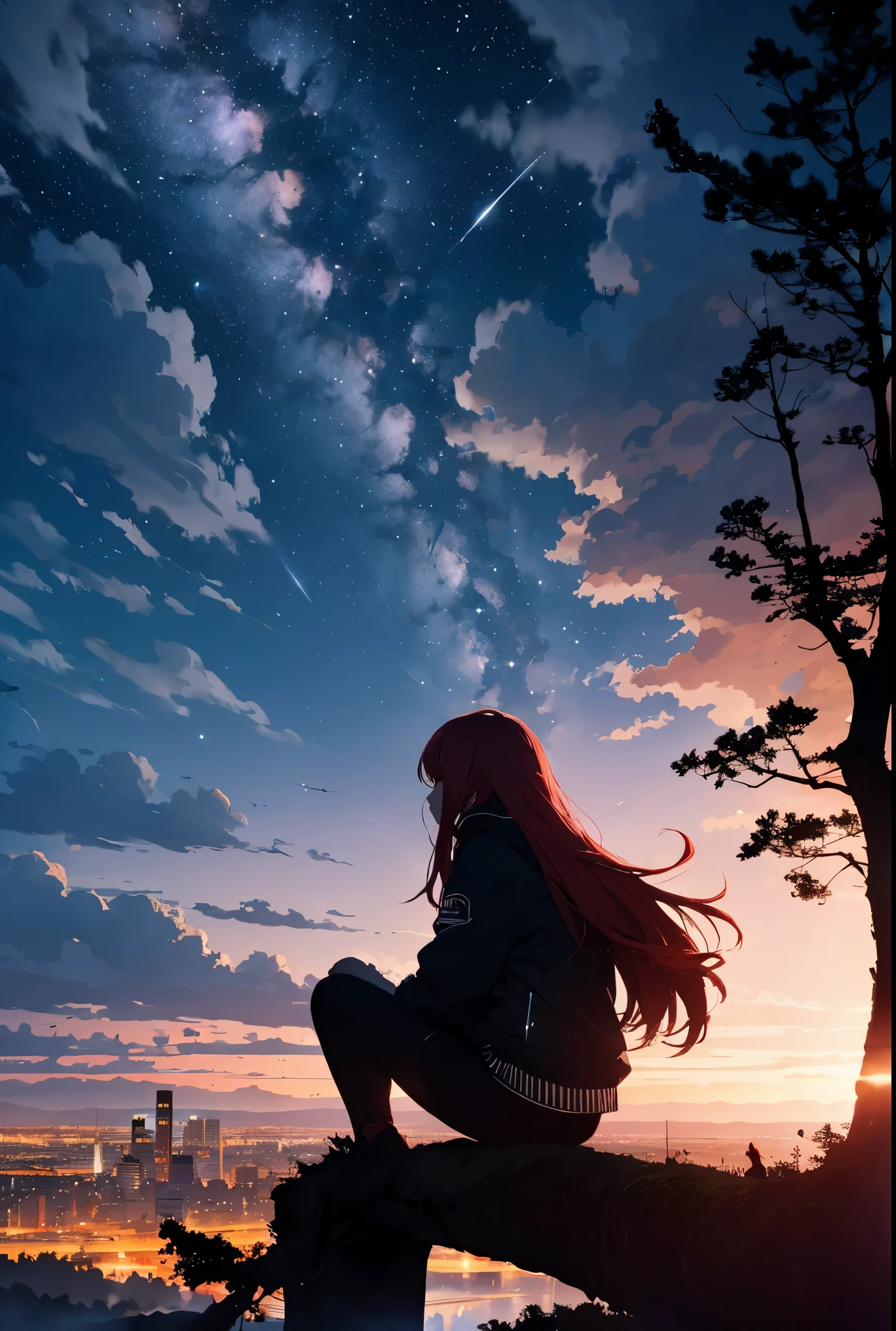 octans, sky, star (sky), scenery, starry sky, night, 1girl, night sky, solo, outdoors, building, cloud, milky way, sitting, tree, long hair, city, silhouette, cityscape, red hair girl, fantastic sky, planet